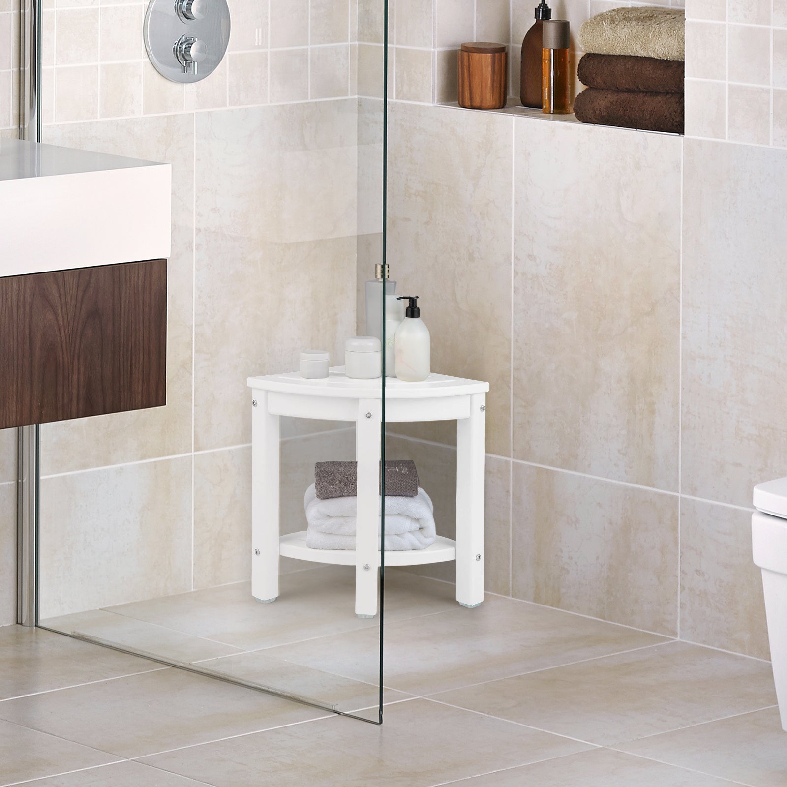 Heavy Duty Corner Shower Bench Stool with Storage Shelf for Shaving Legs-White
