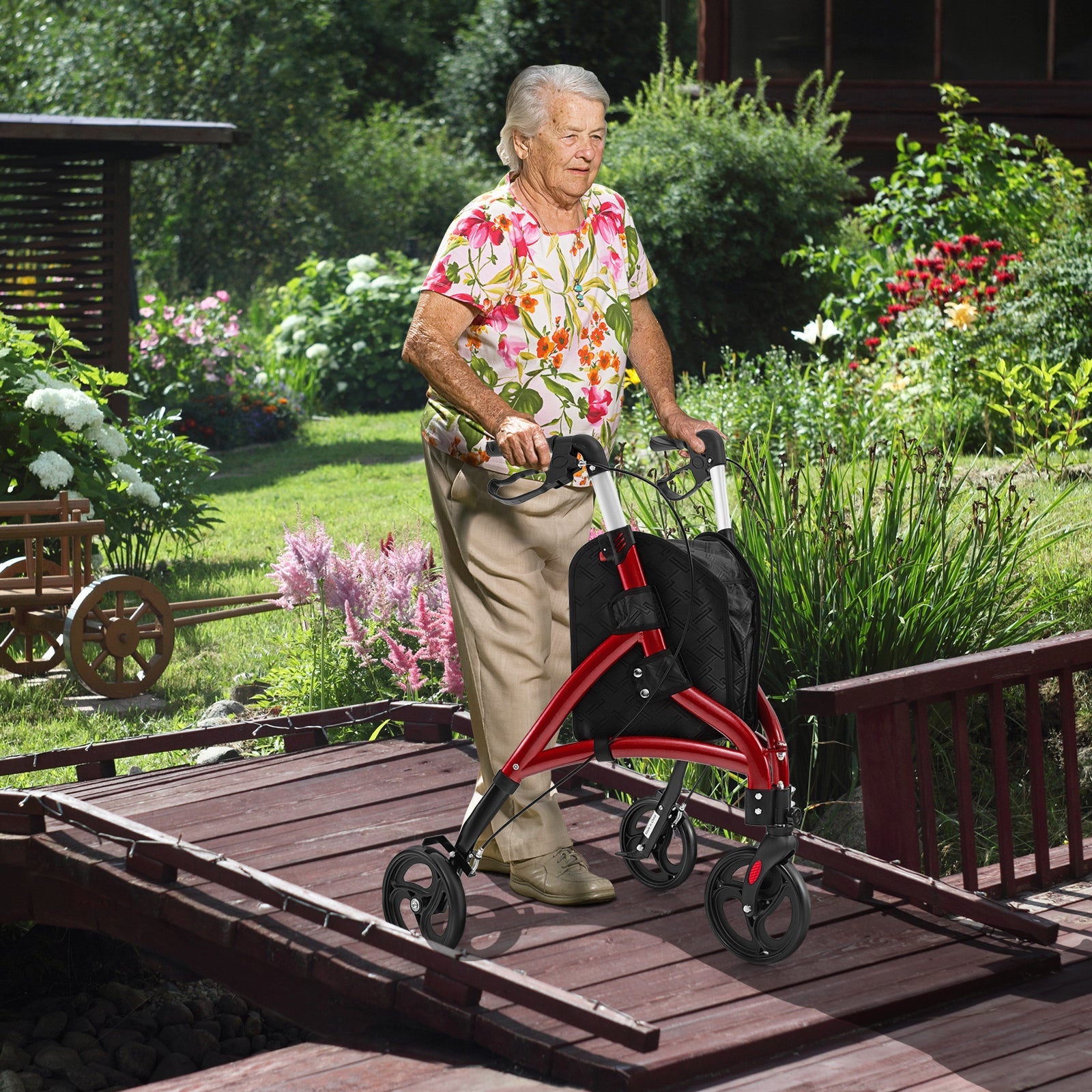 Foldable Rollator Walker with Lightweight Aluminum Frame-Red