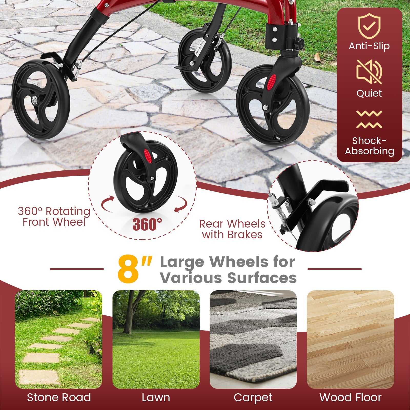 Foldable Rollator Walker with Lightweight Aluminum Frame-Red
