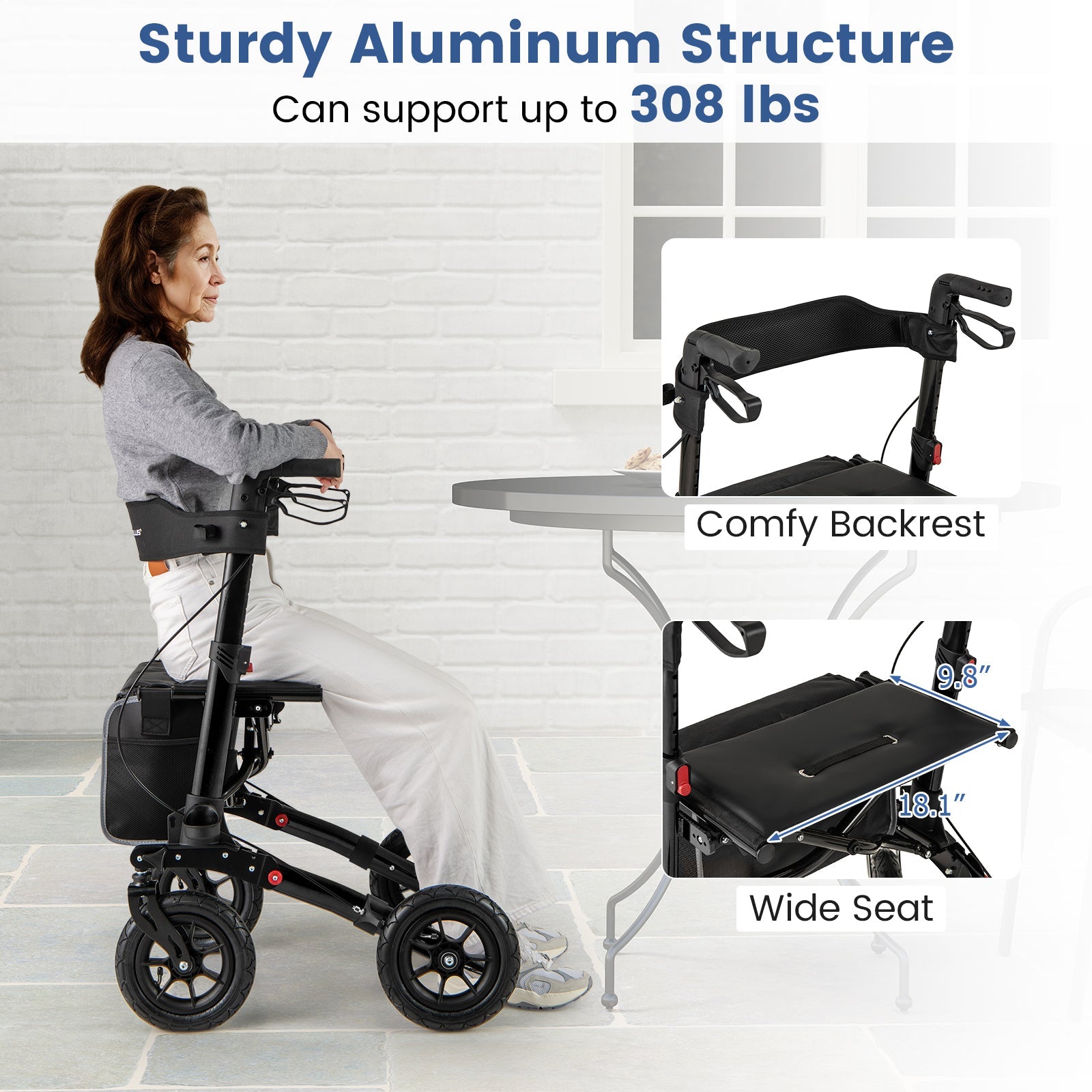 Folding Rollator Walker for Seniors with Seat for All Terrain-Black
