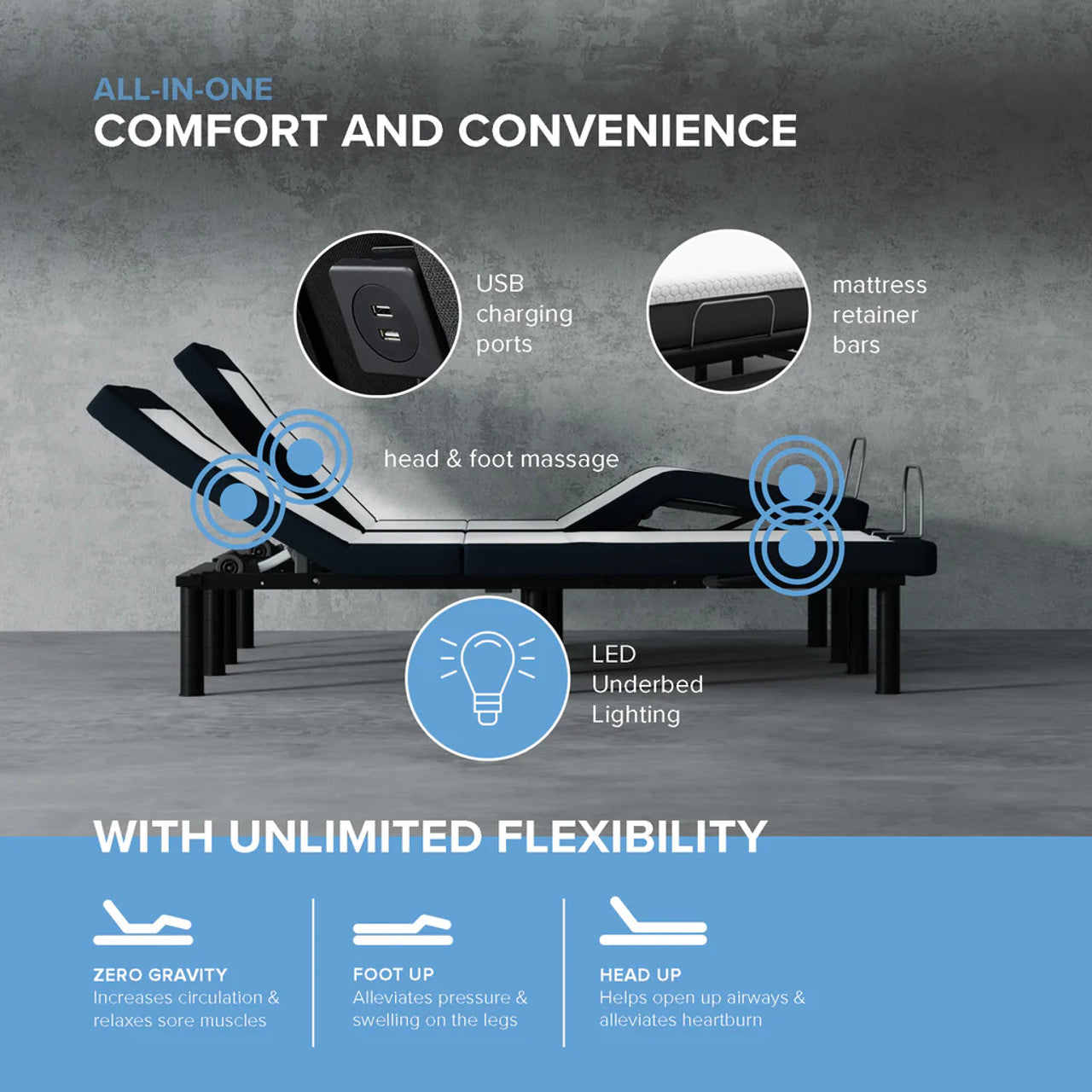 MS200 Adjustable Base- Wireless Plus - Head Foot massage