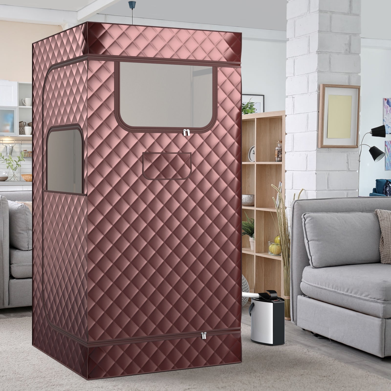 Portable Steam Sauna with 3L Steam Generator Remote Control Wood Foot Massager and Foldable Chair for Home-Coffee