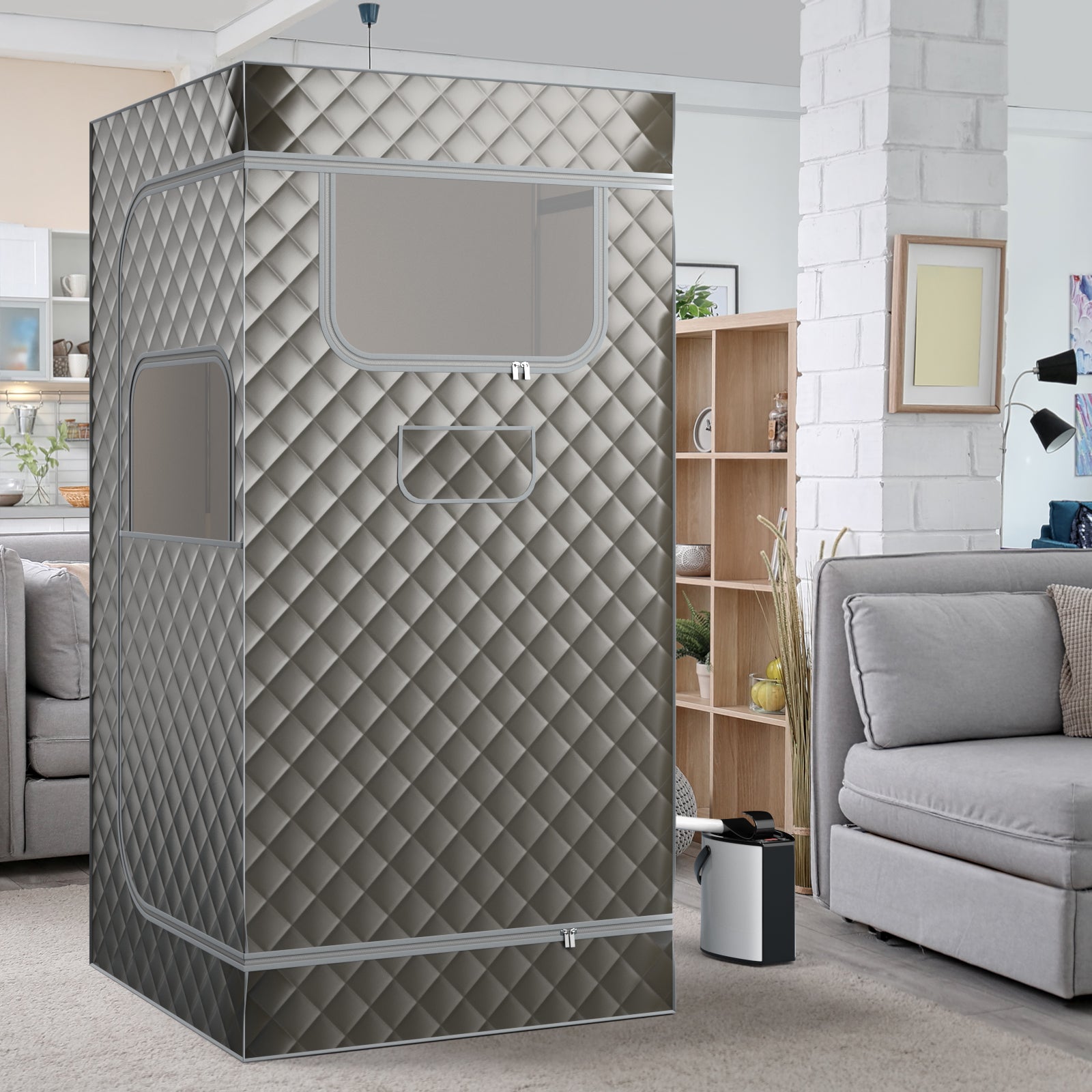 Portable Steam Sauna with 3L Steam Generator Remote Control Wood Foot Massager and Foldable Chair for Home-Gray