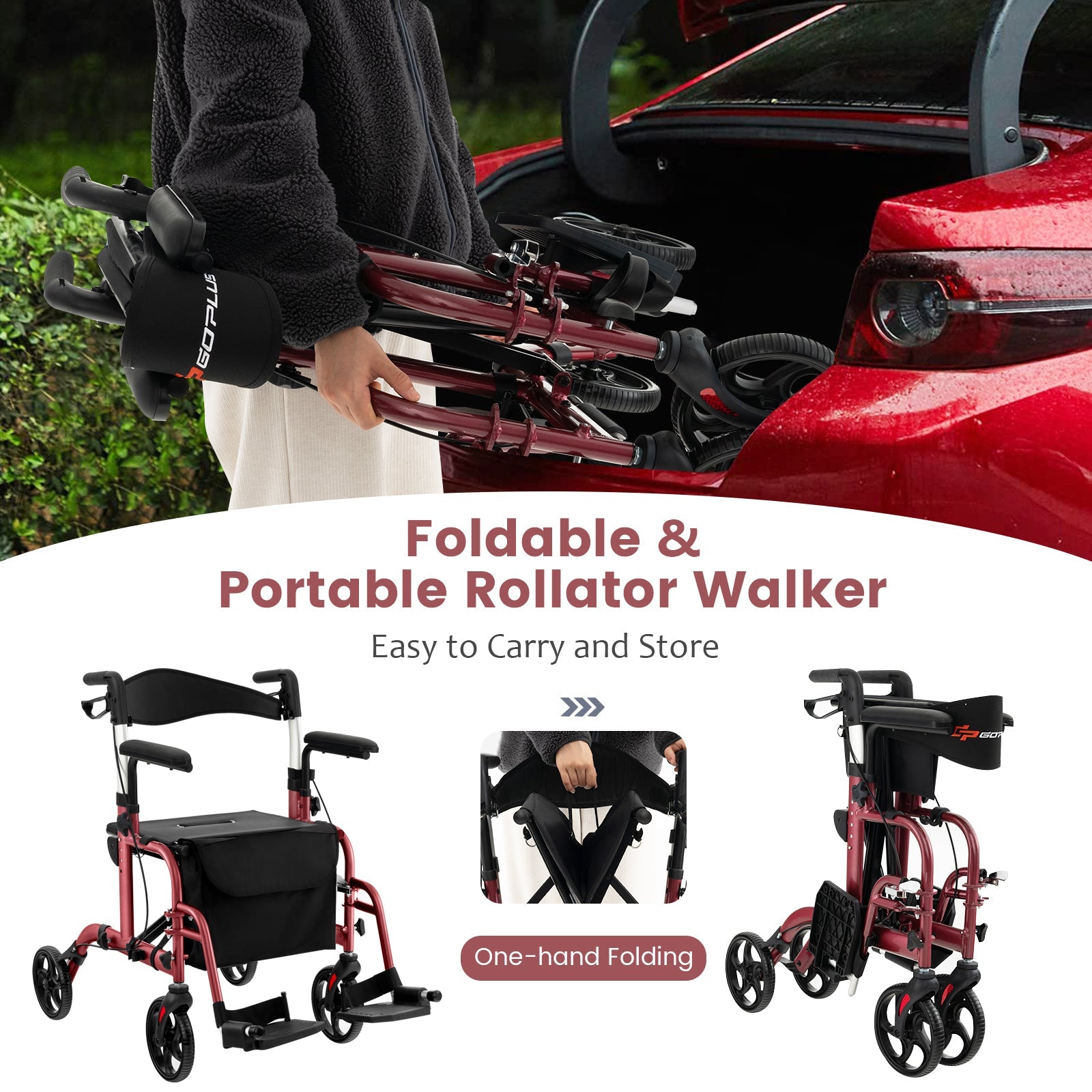 Folding Rollator Walker with Seat and Wheels Supports up to 300 lbs-Red
