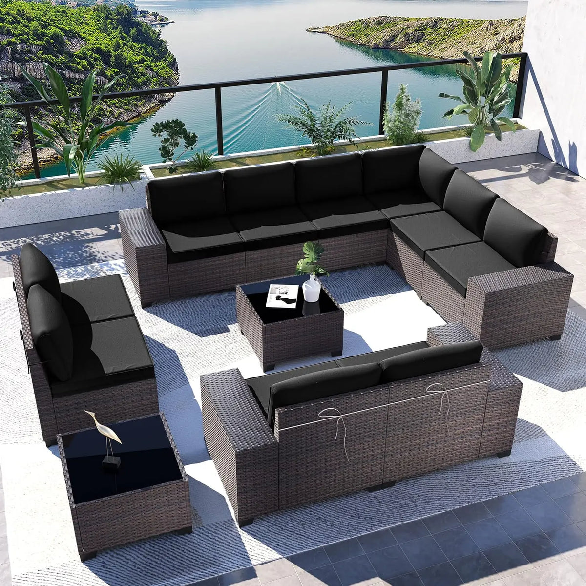 12 Piece Patio Furniture Set, Outdoor Wicker Sectional Sofa