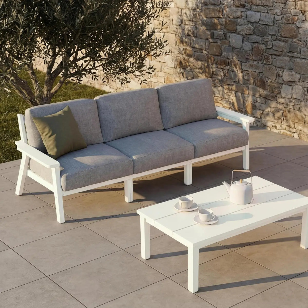 Patio Furniture Set 3 Seats, HDPE Outdoor Sectional with Washable Beige Thick Cushions, Coffee Table & Side Table,, Customized