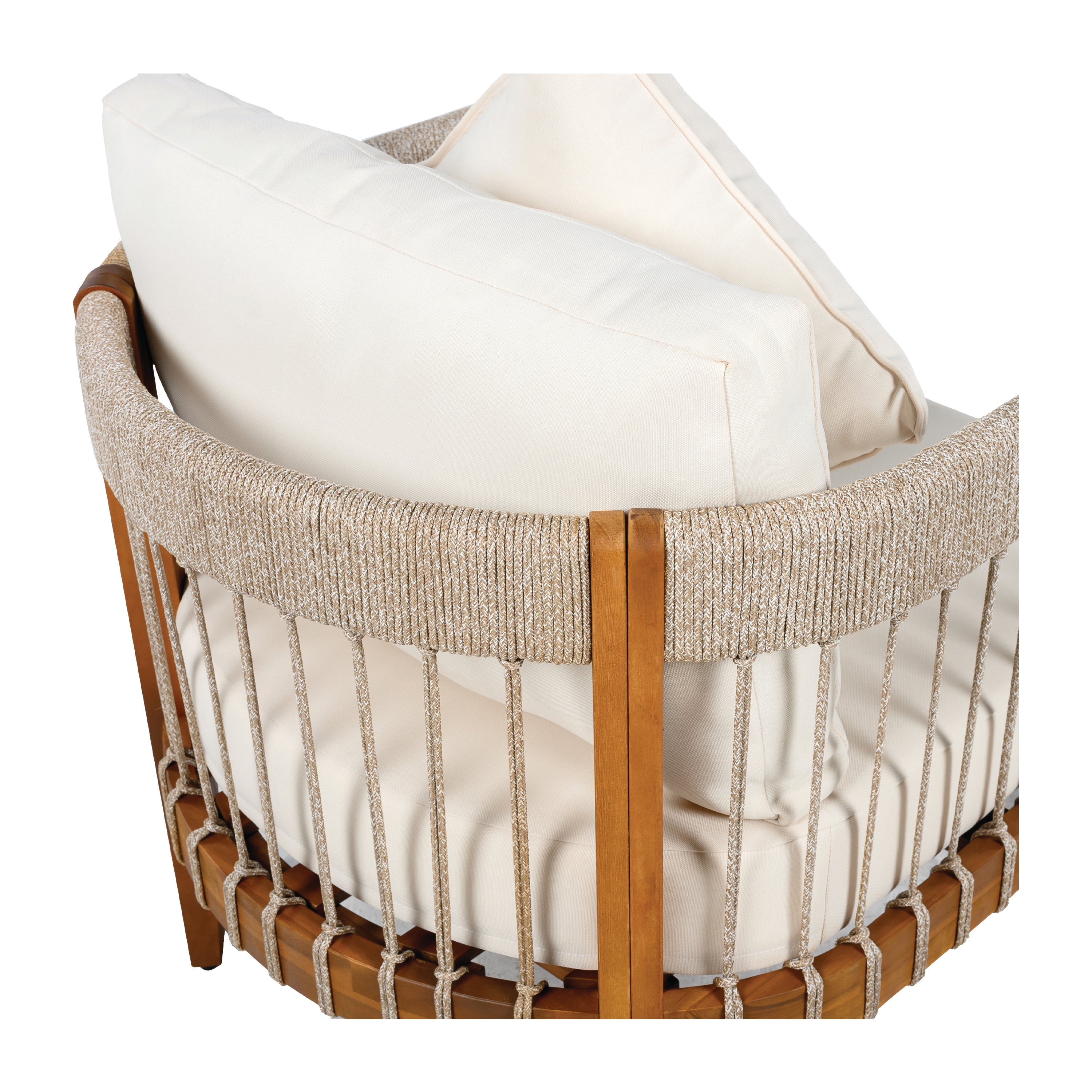 Acacia Wood Outdoor Club Chair with Handwoven Rope Accents & Curved Backrest