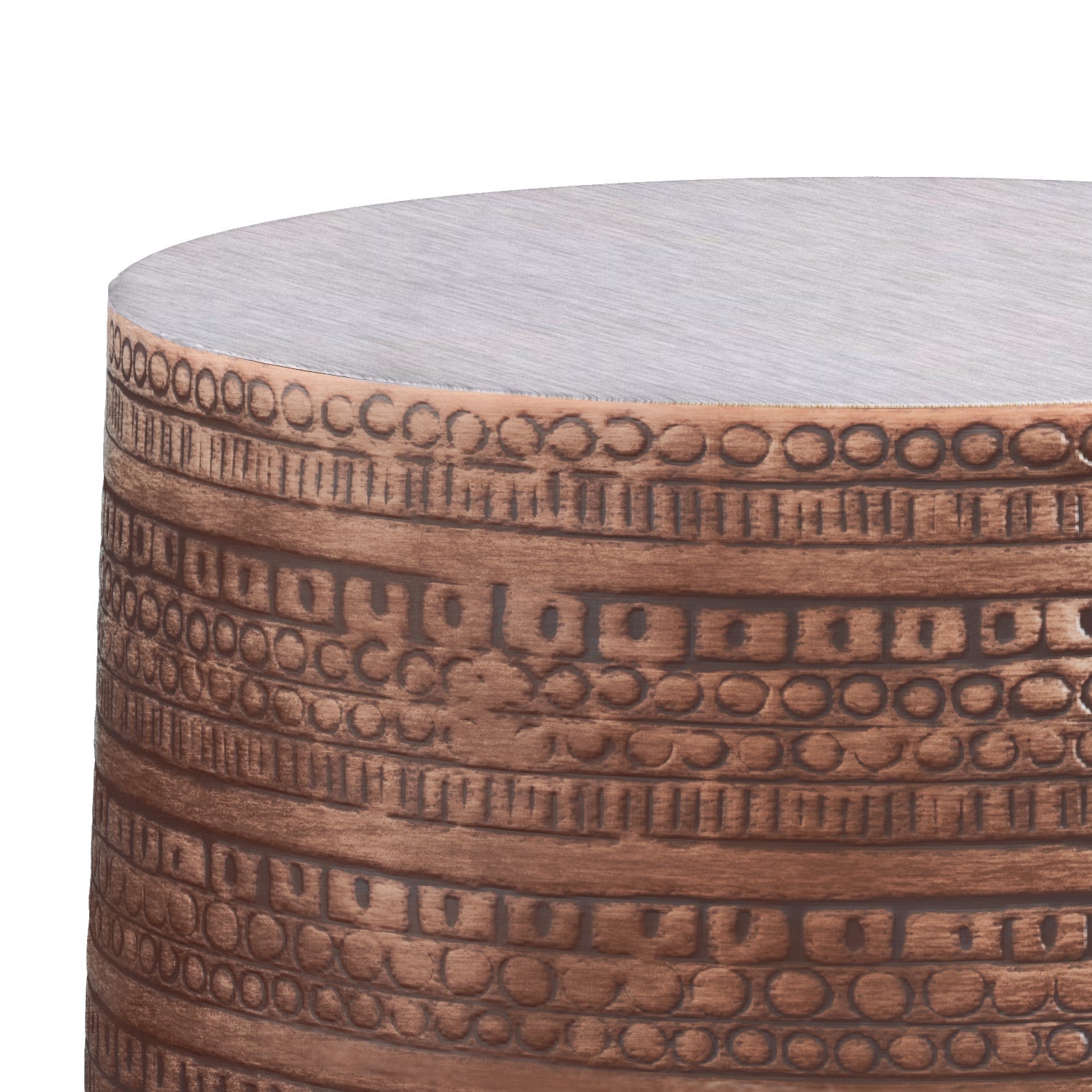 Johnsen 15 Inch Wide Tribal Pattern Metal Accent Table in Antique Copper