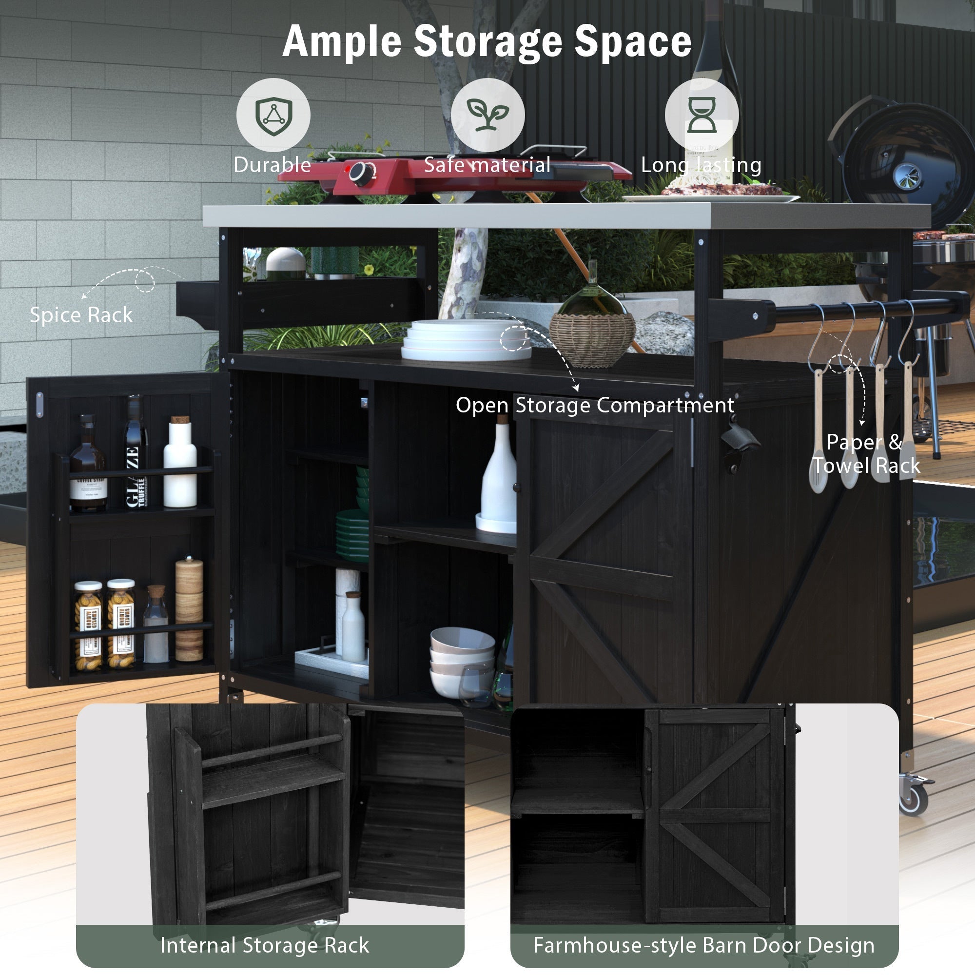 K&K Outdoor Kitchen Island with Rolling Bar Cart and Storage Cabinet