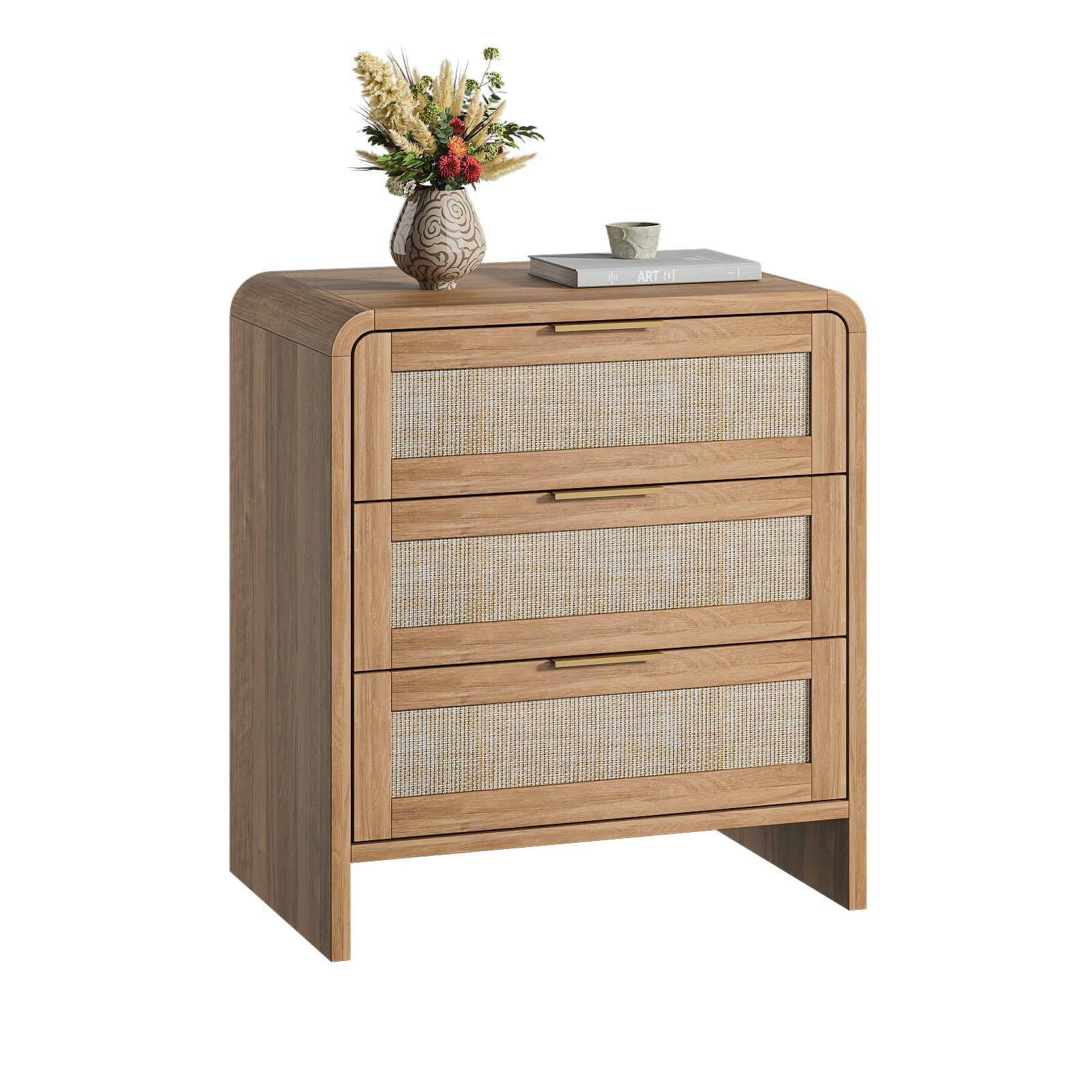Rattan Nightstand with 3 Drawers set of 2, 22.8' Wide Curved Wooden Bedside Table, Modern Storage for Bedroom, Caramel Oak.