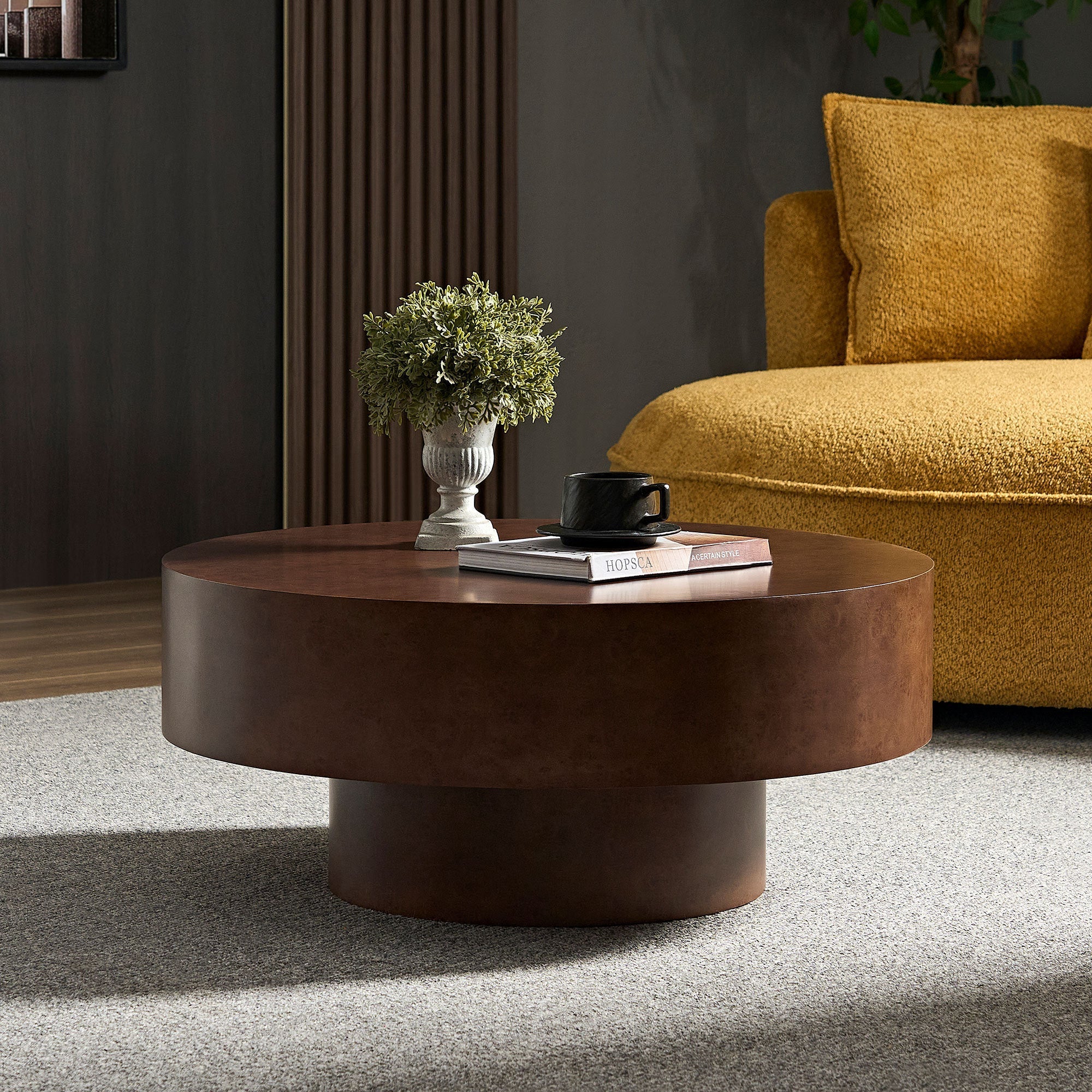 31.49'' Faux Burl Wood Pattern Round Coffee Table with Sturdy Pedestal
