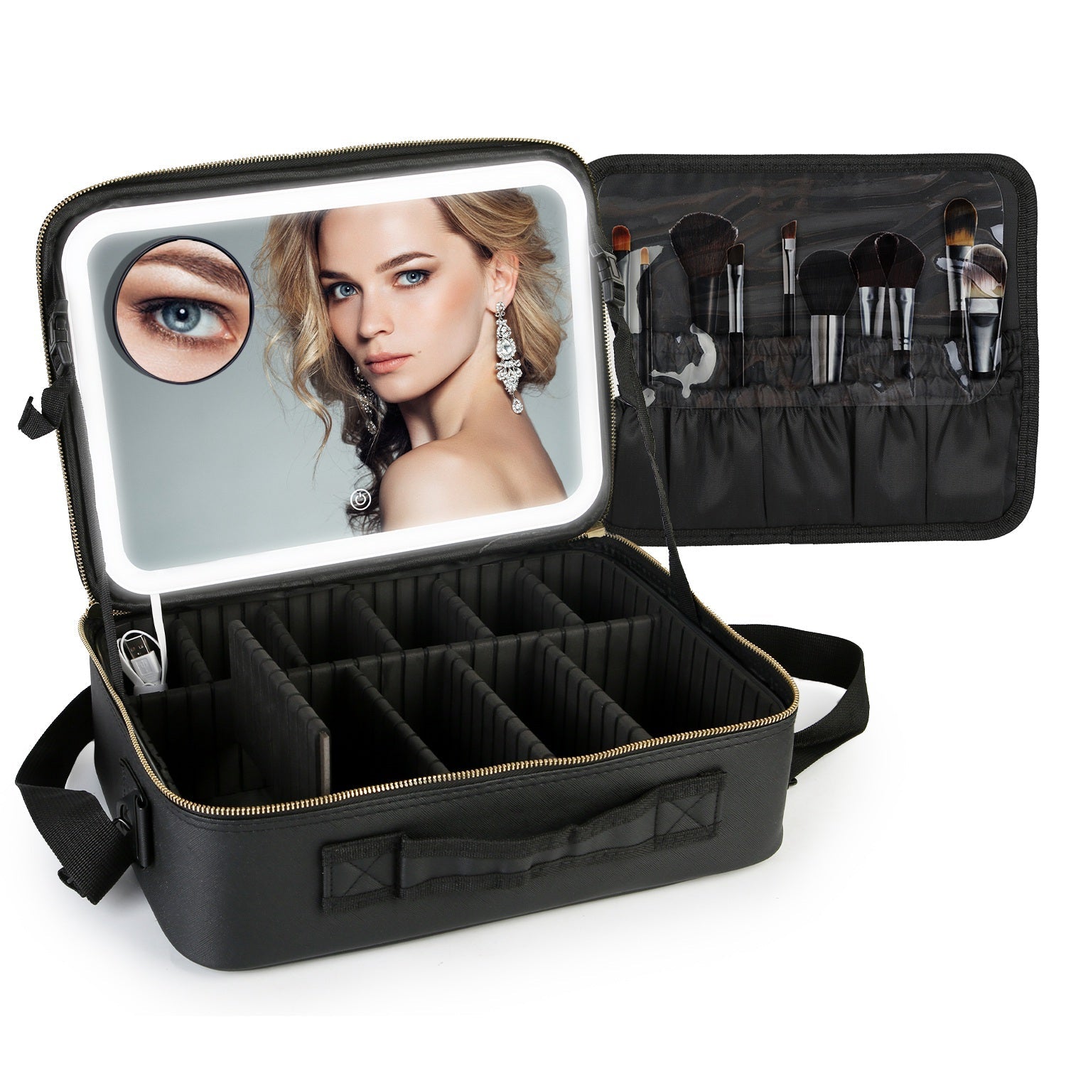Travel Makeup Bag with LED Mirror Makeup Case Organizer with 3 Light Colors Adjustable Dividers Brush Holder Magnifying Mirror Shoulder Strap Luggage