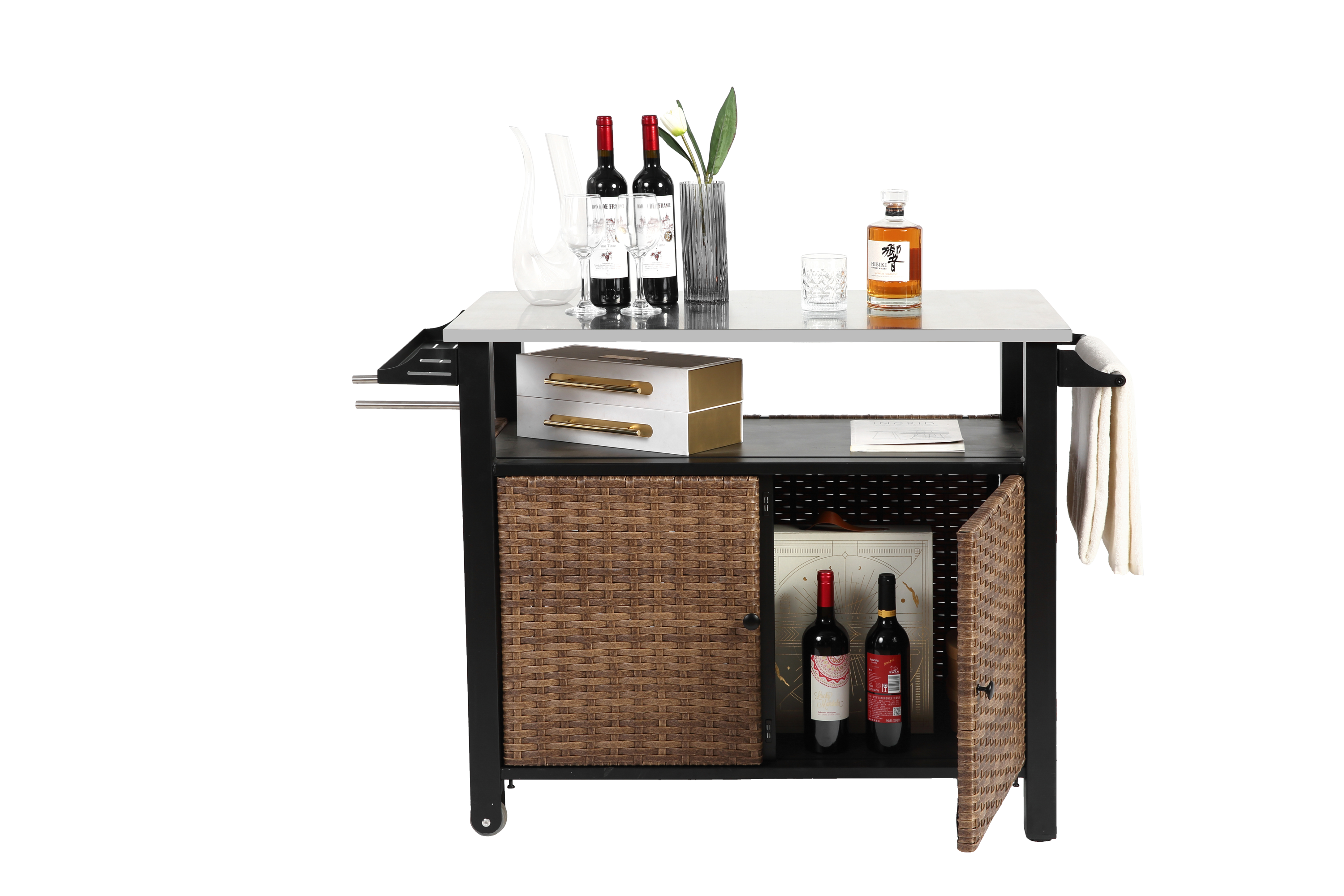 Outdoor Kitchen Wicker Island Rolling Cart & Storage Cabinet Brown