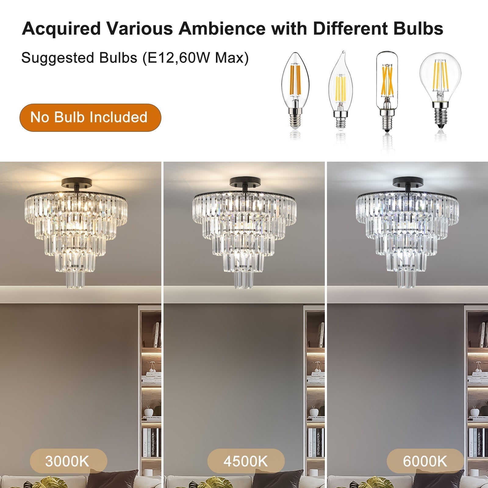 20' Black Crystal Chandelier Ceiling Light, Modern Luxury 10-Light Flush Mount