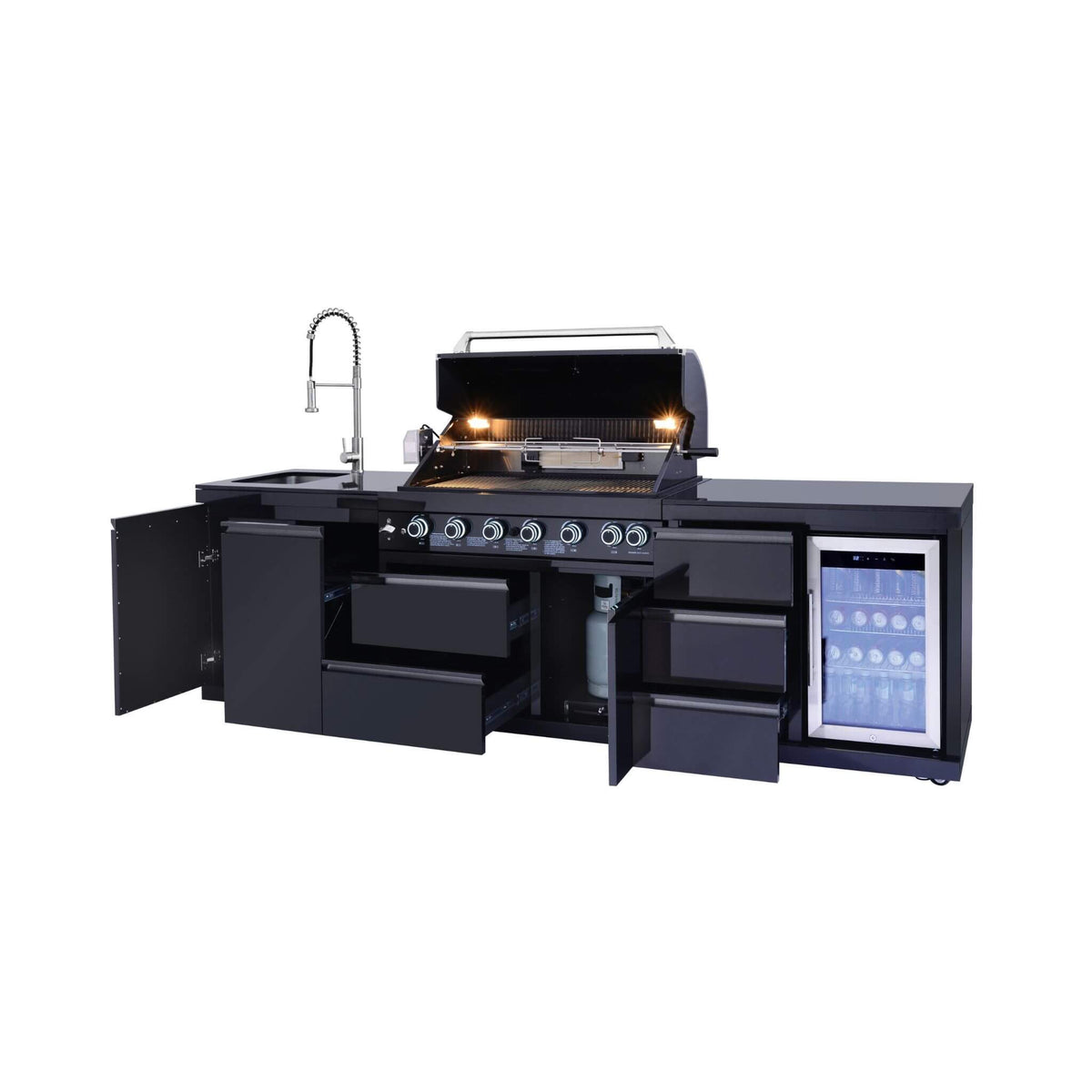 Castelle Flame Summit 6-Burner 85000 BTU Liquid Propane Grill Island With Sink And Fridge