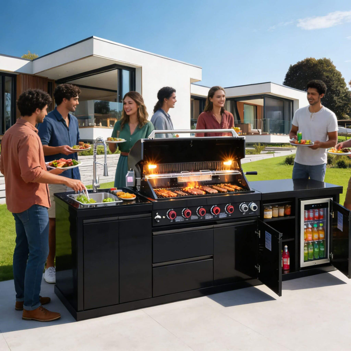 Castelle Flame Summit 6-Burner 85000 BTU Liquid Propane Grill Island With Sink And Fridge