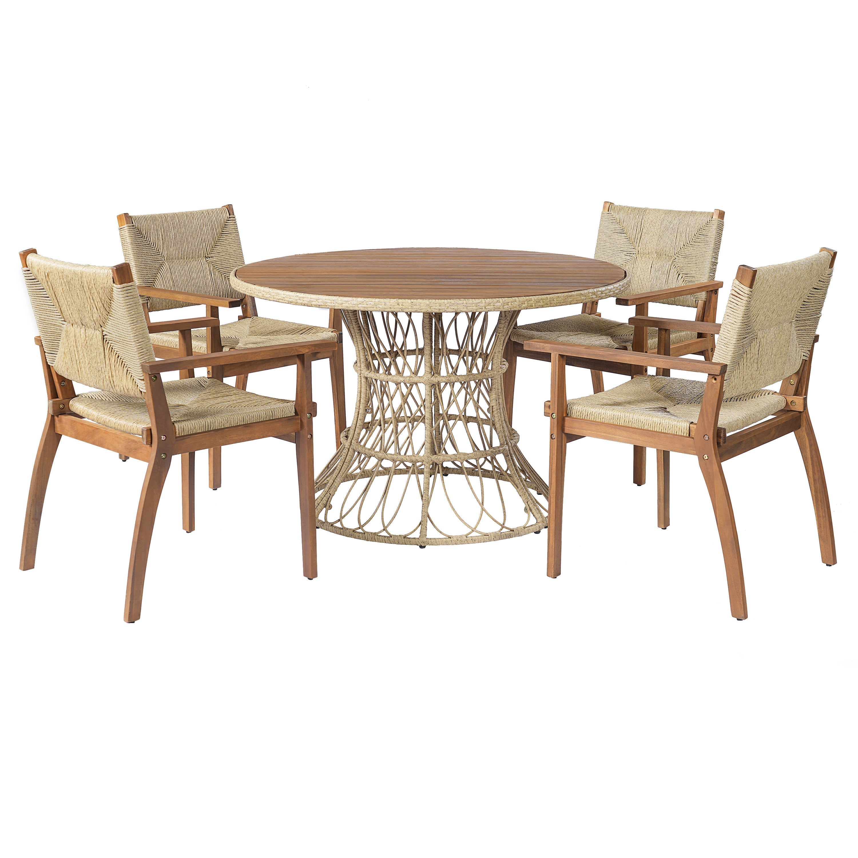 5-Piece Outdoor Dining Set: Teak Finish Round Acacia Wood Table & 4 Wicker Armchairs