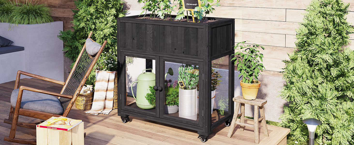 TOPMAX Patio Mini Wood Cold Frame Greenhouse with Wheels