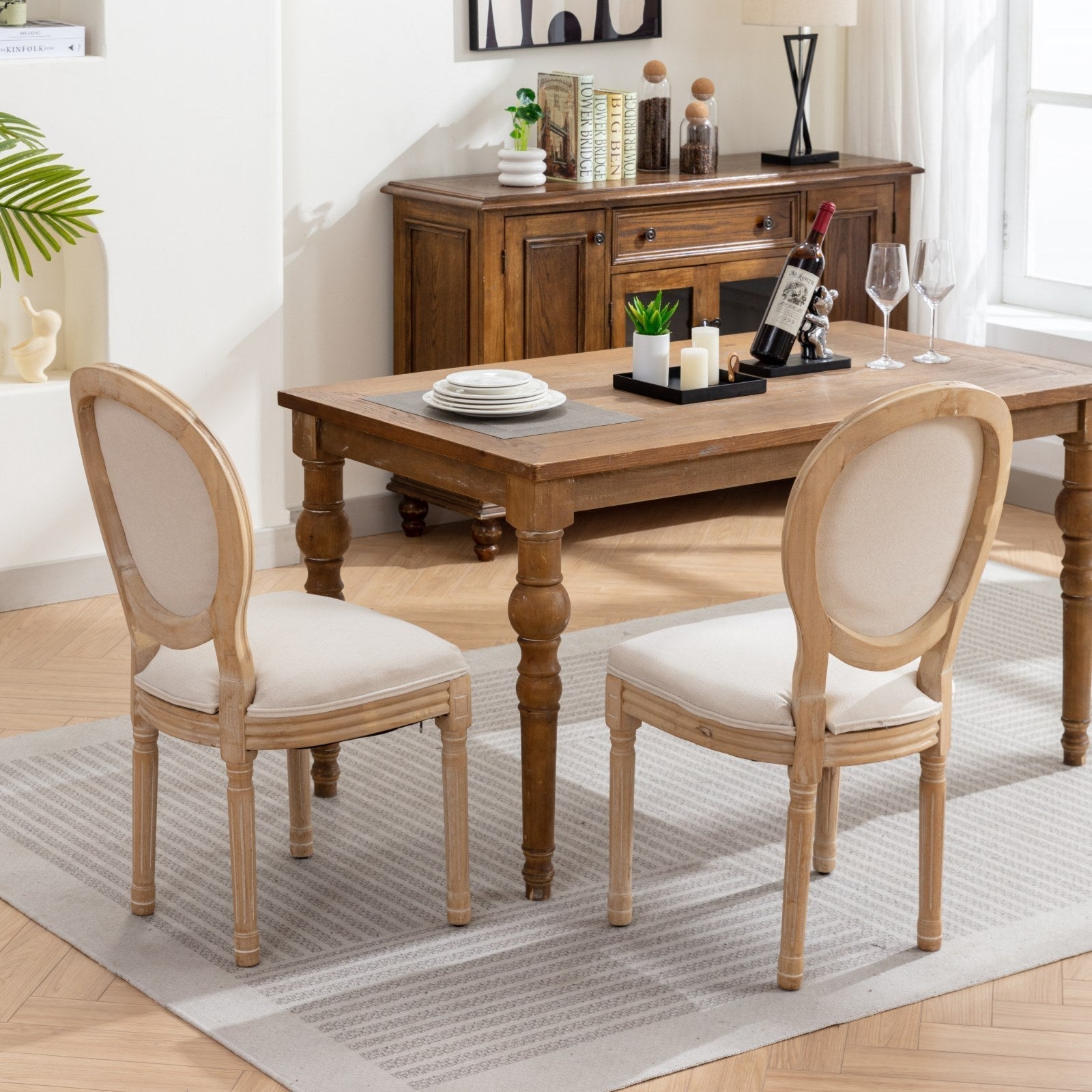French Style Solid Wood Frame Linen Back Dining Chair Set of 2
