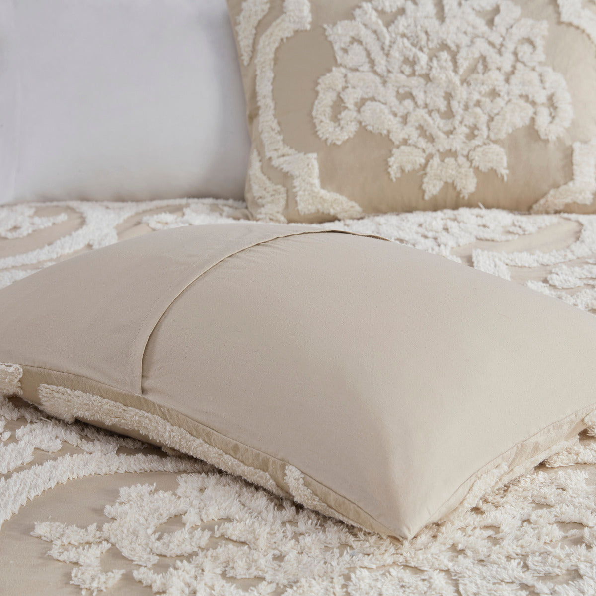 3 Piece Tufted Cotton Chenille Damask Comforter Set Taupe King/Cal King