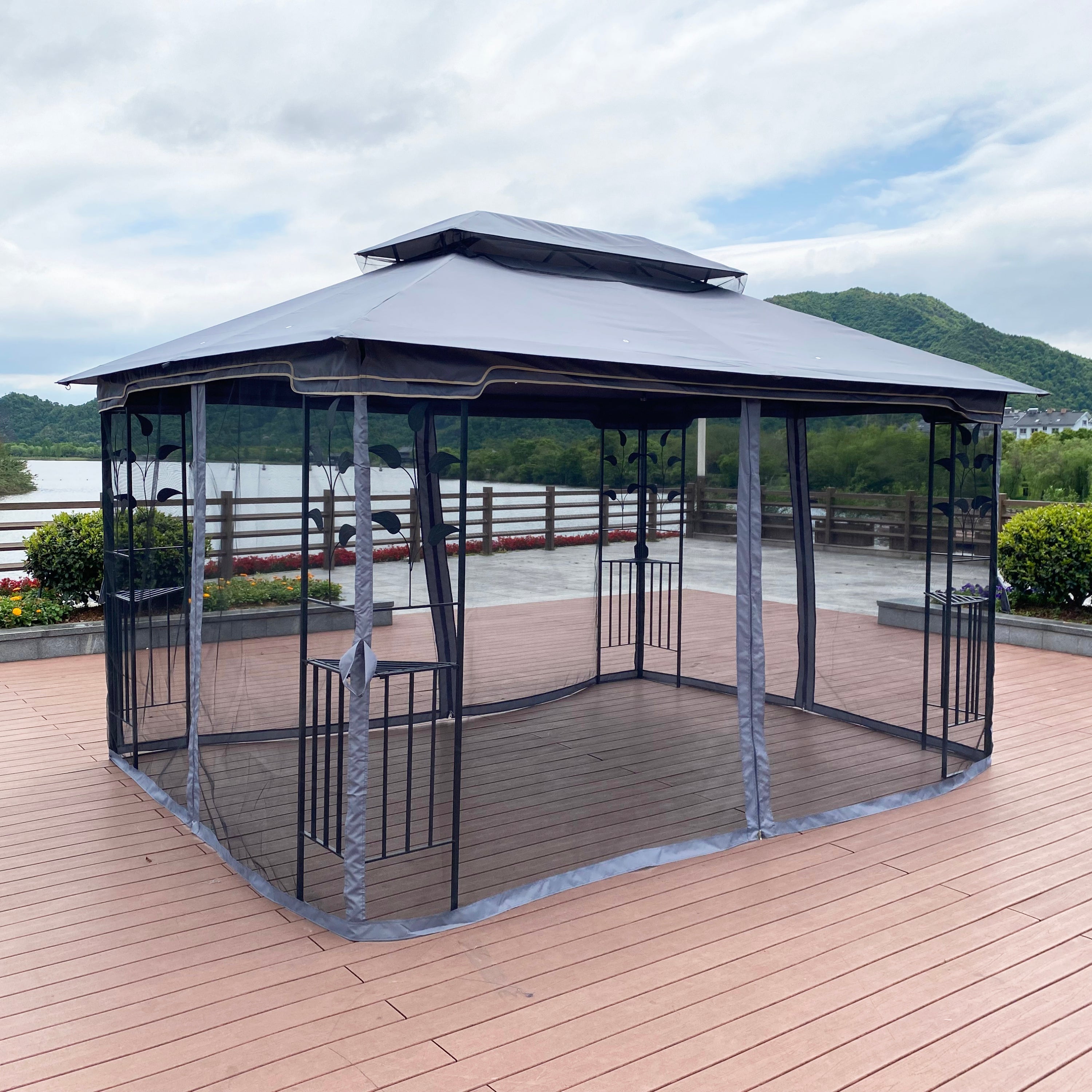 13 x 10 Ft Patio Gazebo Tent with Ventilated Double Roof and Mosquito Net