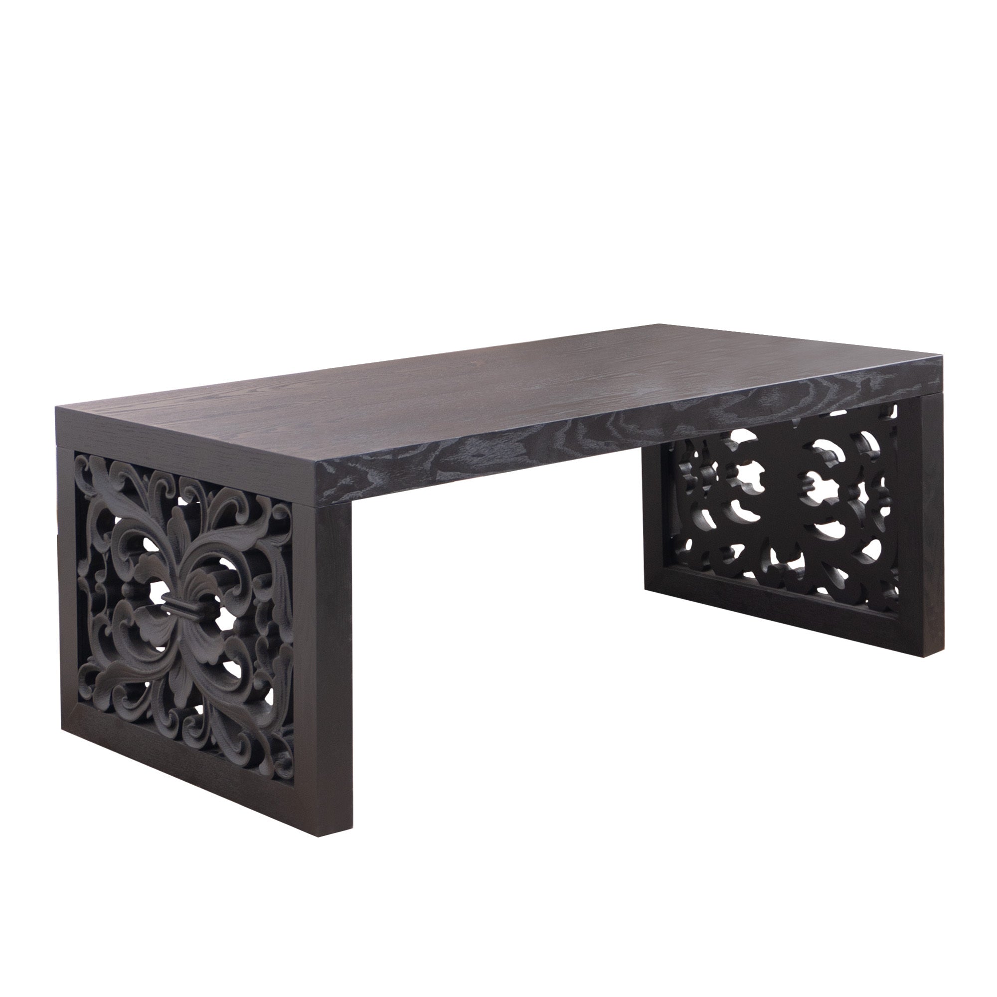 47.2" Solid Black Carved Wood Coffee Table – Handcrafted Look with Ornate Side Panels