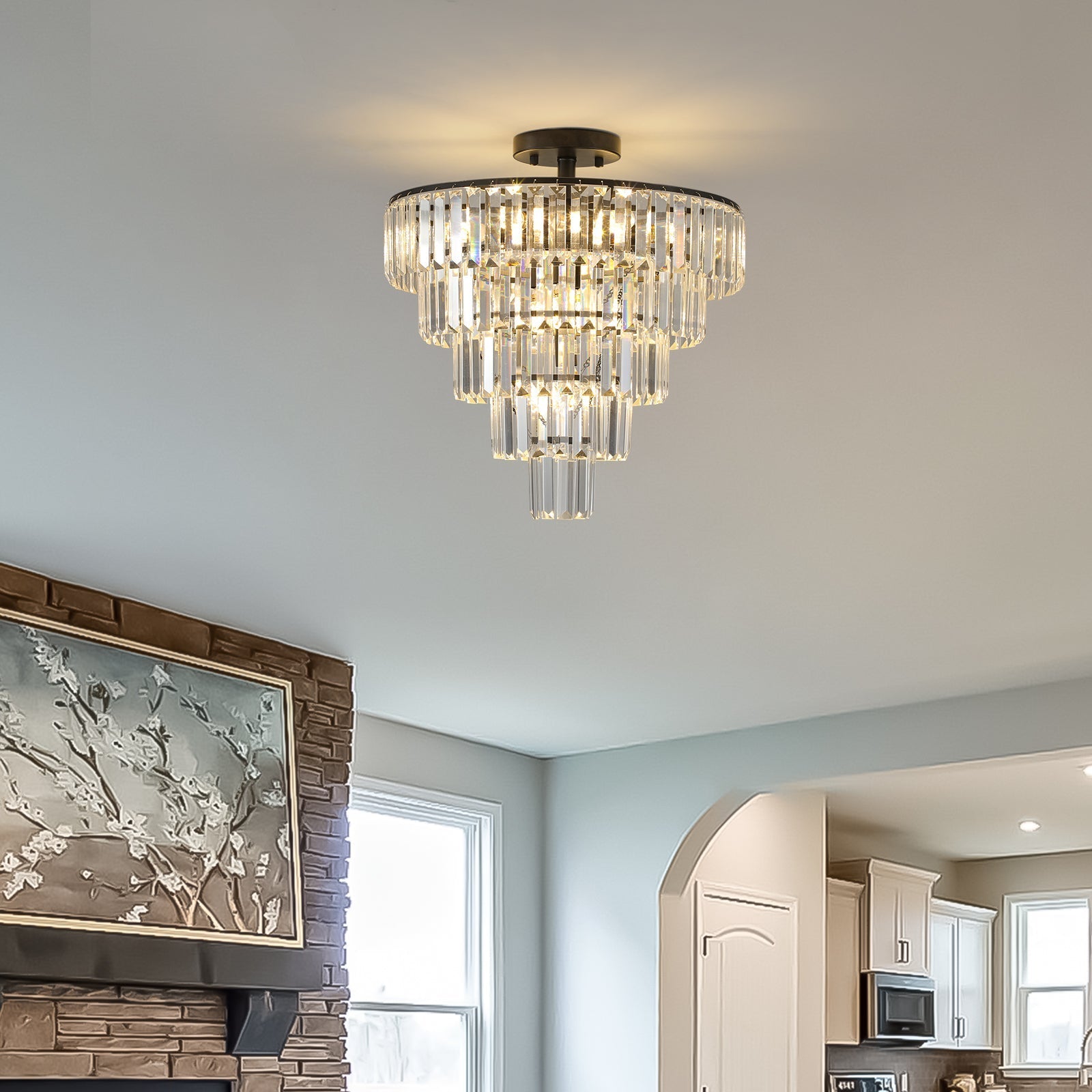 20' Black Crystal Chandelier Ceiling Light, Modern Luxury 10-Light Flush Mount