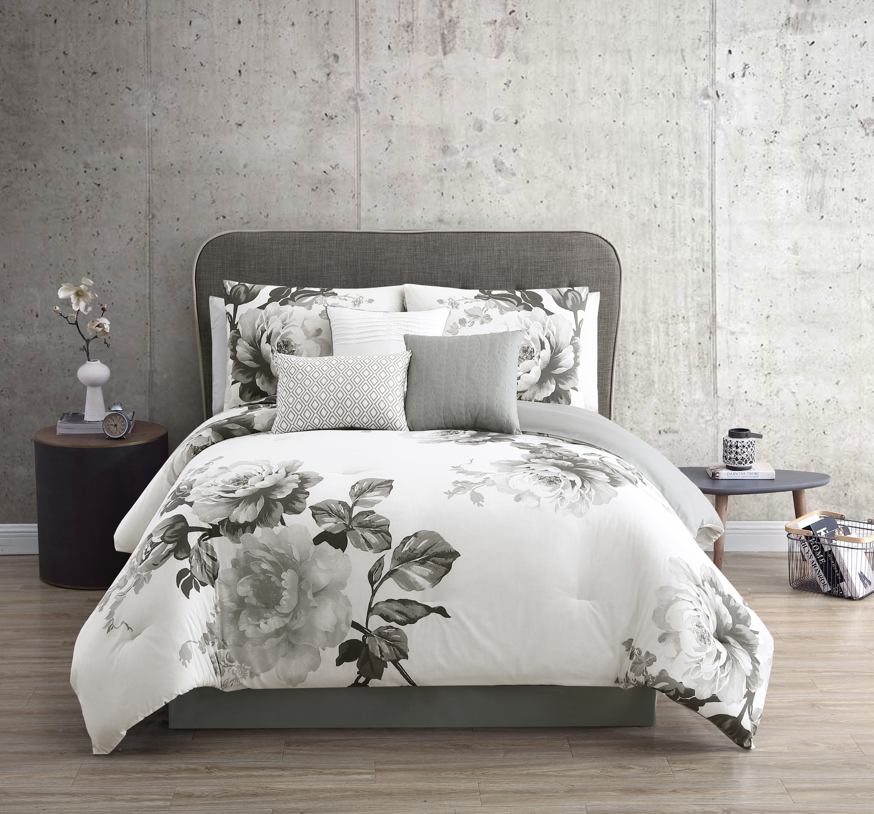 Ridgely 7 Pc Watercolor Black and White Floral Comforter Set