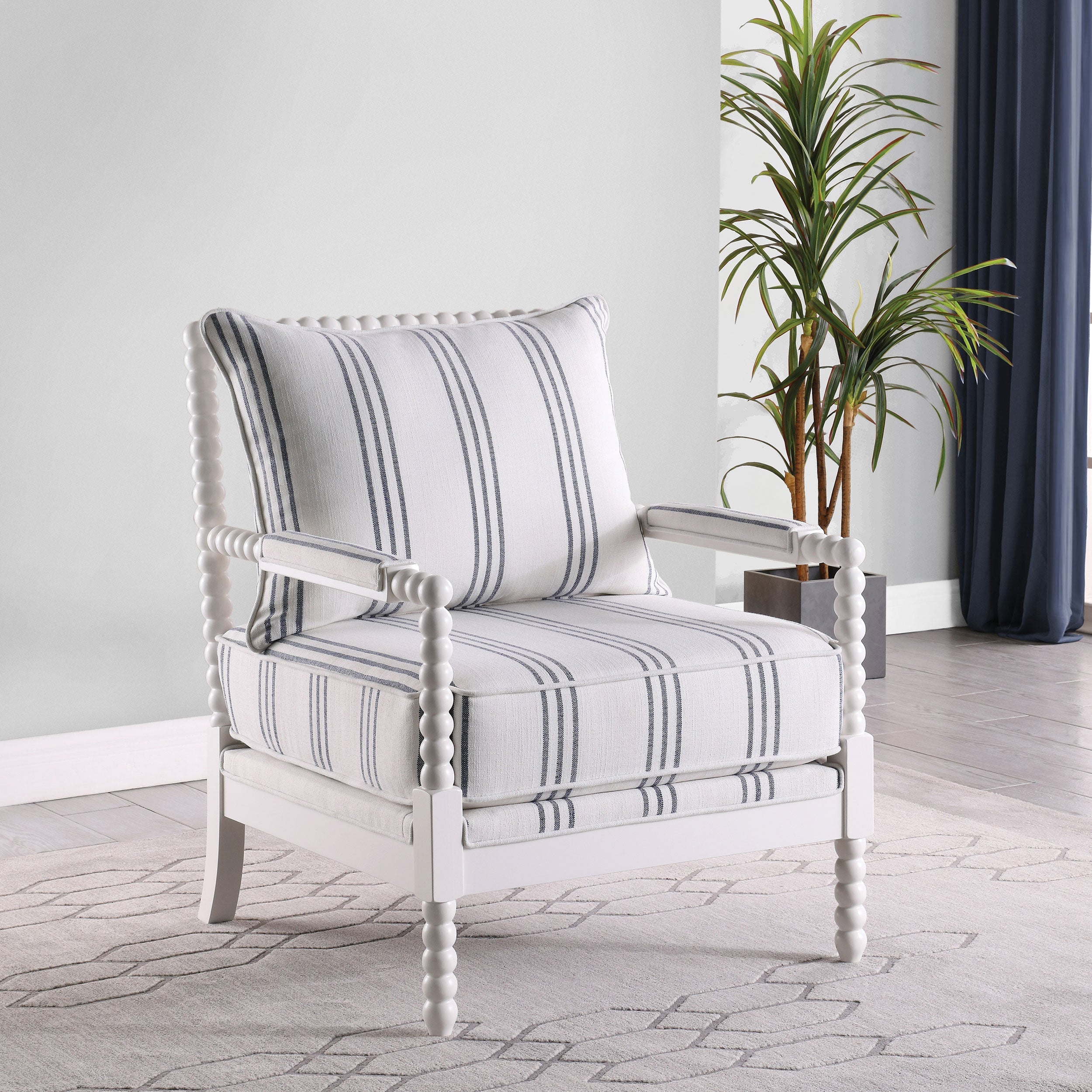 White and Navy Upholstered Stripe Accent Chair with Linen-Like Fabric