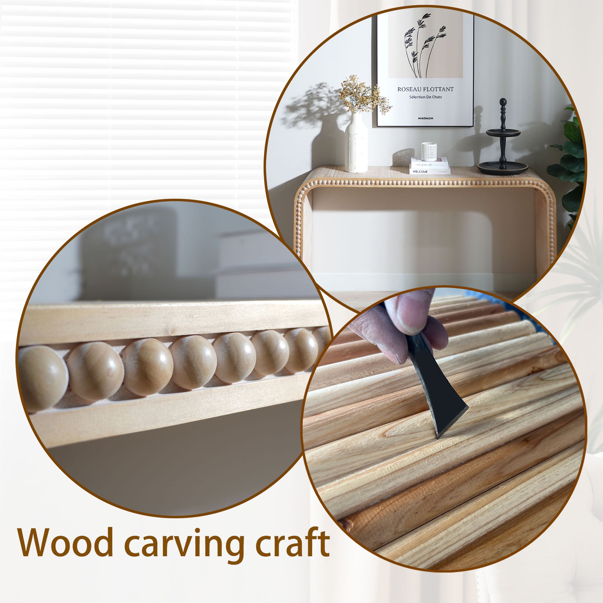 59in Console Table with Wood Beads and Curved Waterfall-Style Frame
