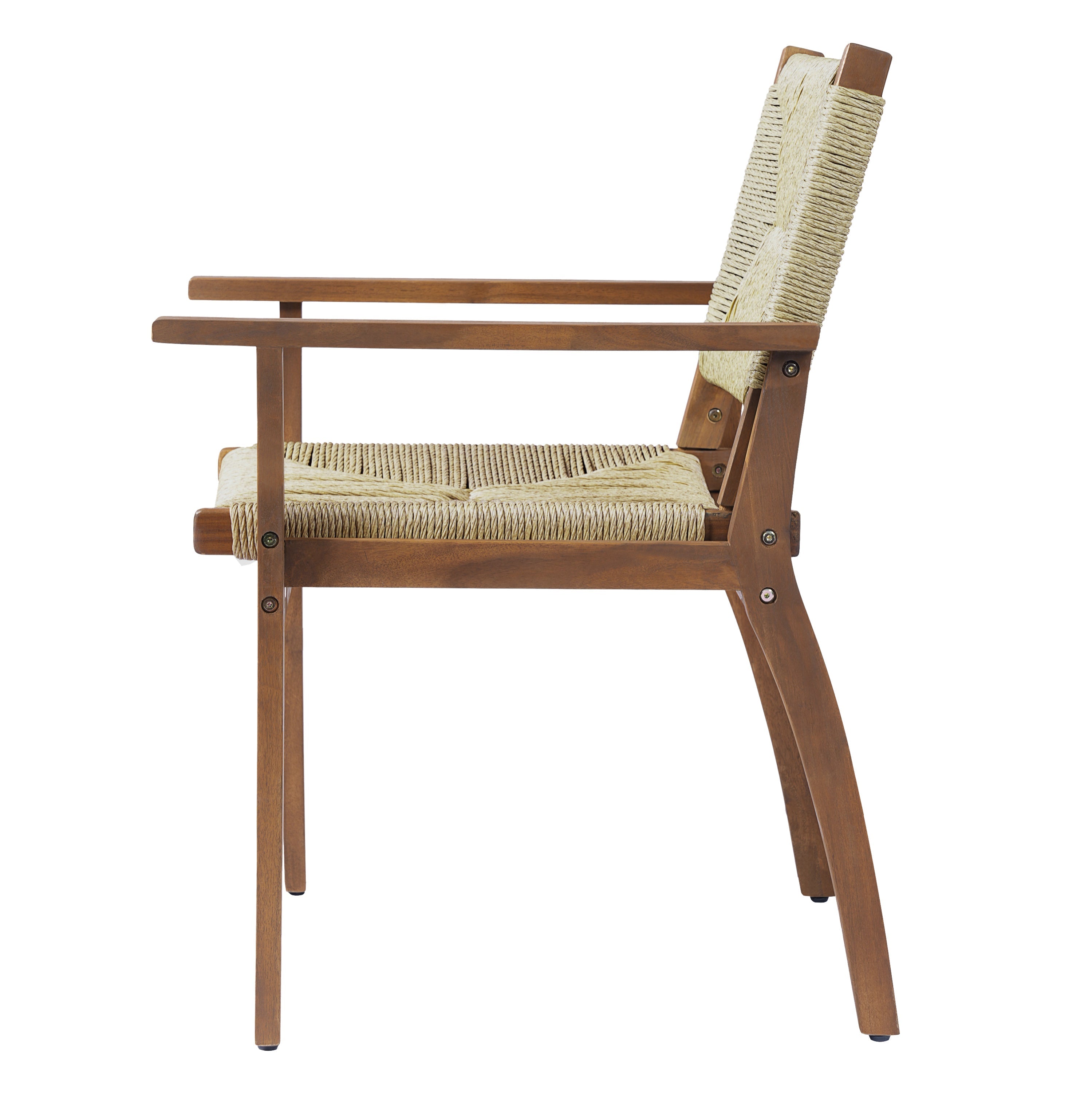 5-Piece Outdoor Dining Set: Teak Finish Round Acacia Wood Table & 4 Wicker Armchairs