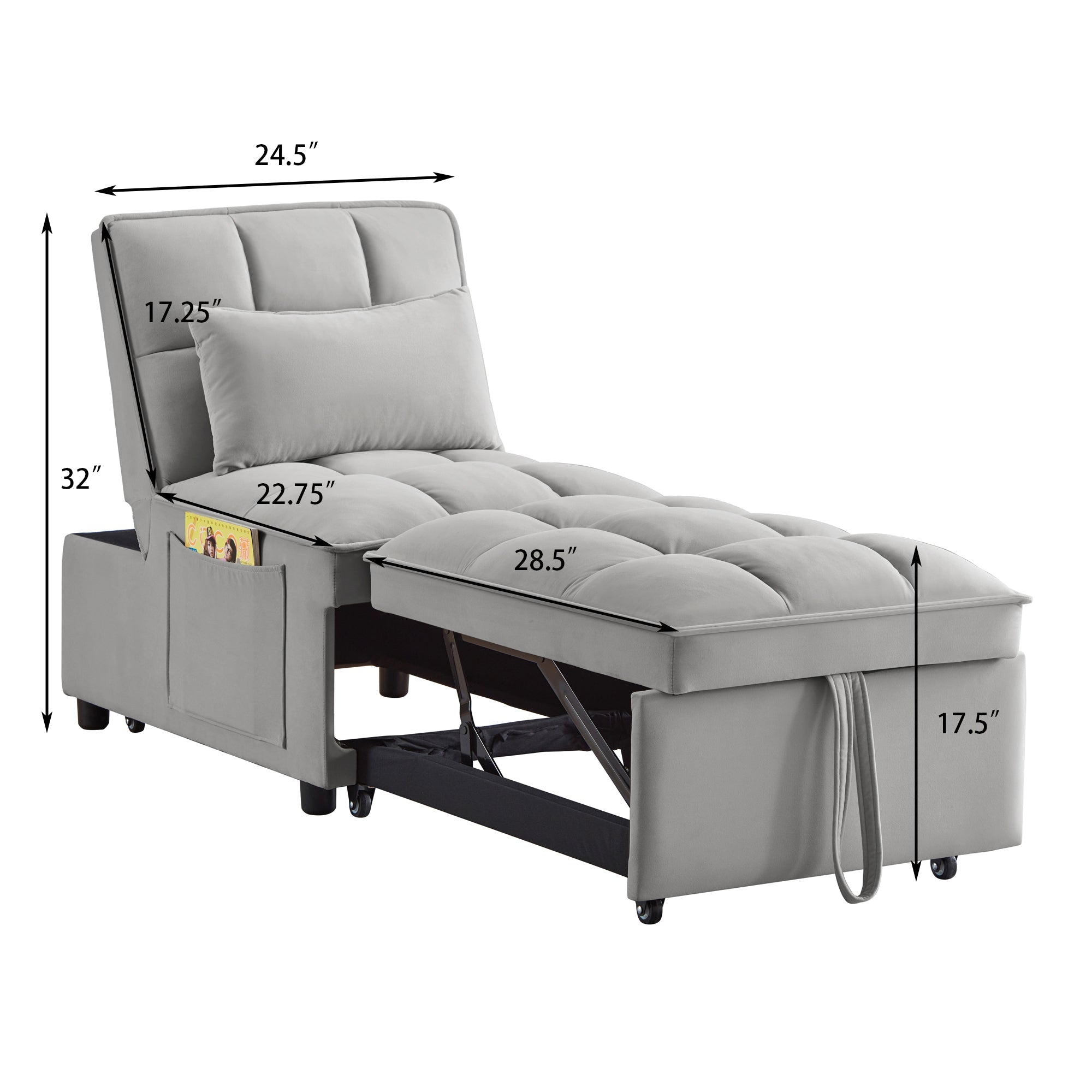 4 in 1 Multi-Function Single Sofa Bed with Storage Pockets Gray