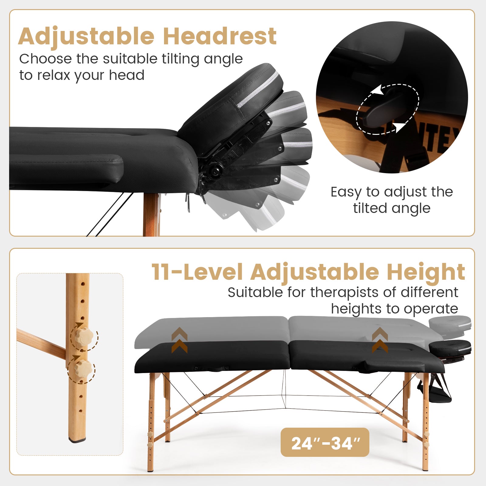 Portable Adjustable Facial Spa Bed with Carry Case-Black