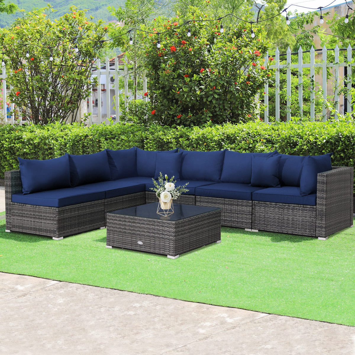 7 Pieces Patio Rattan Furniture Set Sectional Sofa Garden Cushion