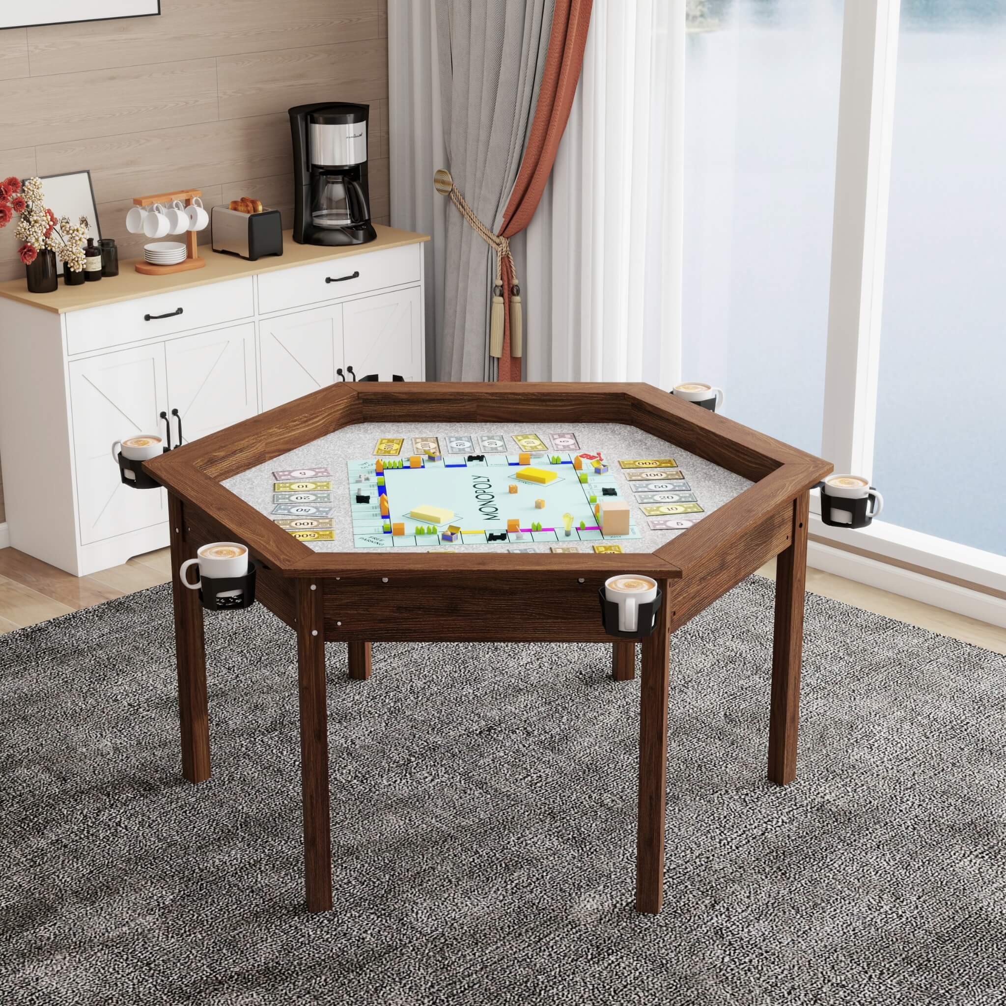 Premium 6-Person Hexagon Game And Dining Table With Top, Mat And Cup Holders (SAK67845)