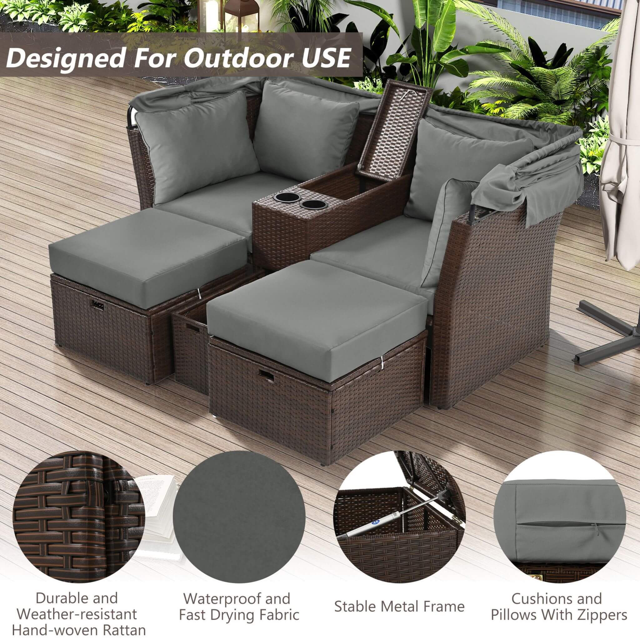 Alora Premium Outdoor 2-Seater Patio Daybed With Foldable Awning, Cushions, And Rattan Frame (SAK90233)