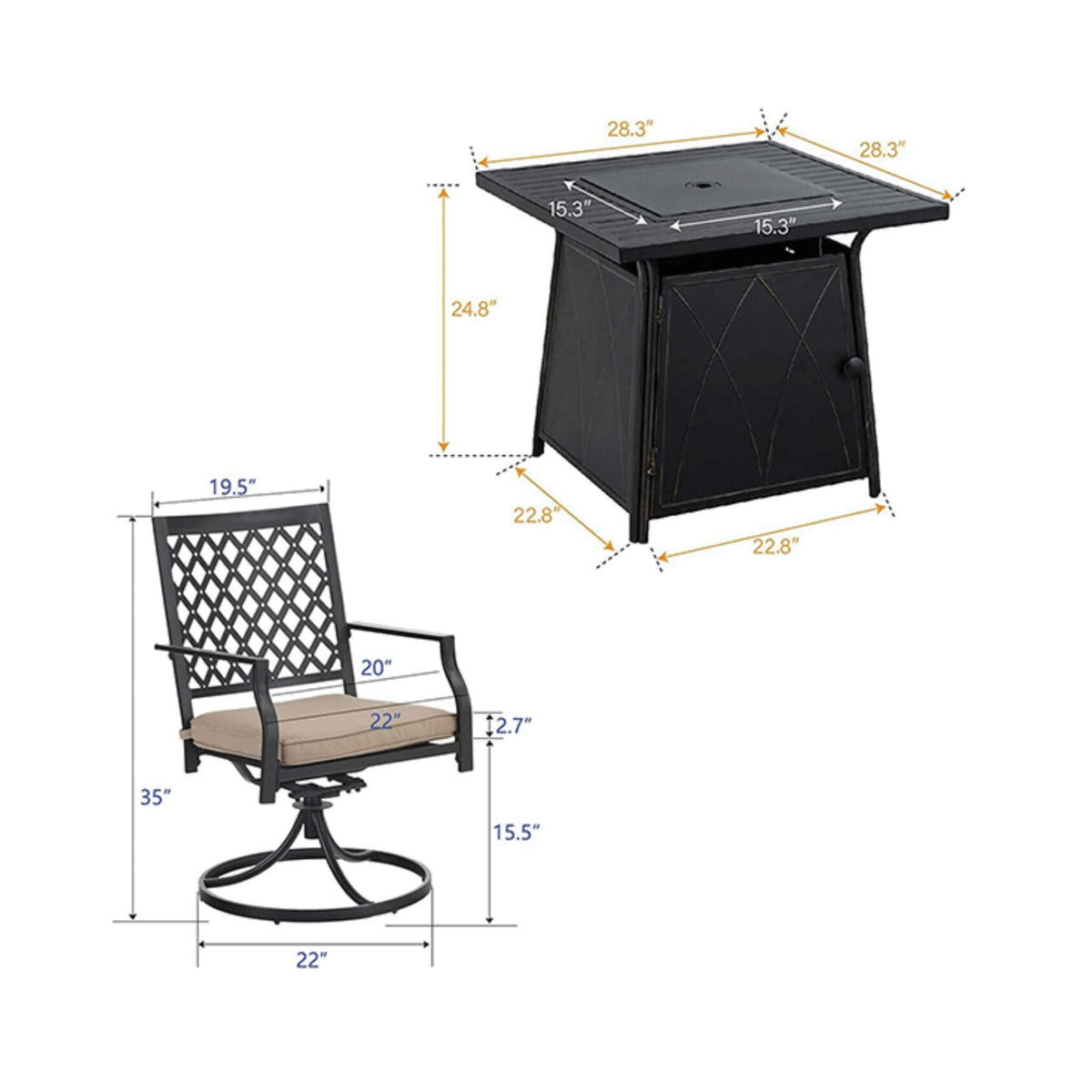 Sophia & William Outdoor Gas Fire Pit Table Set W/ Cushioned Swivel Dining Chairs, 5PCS