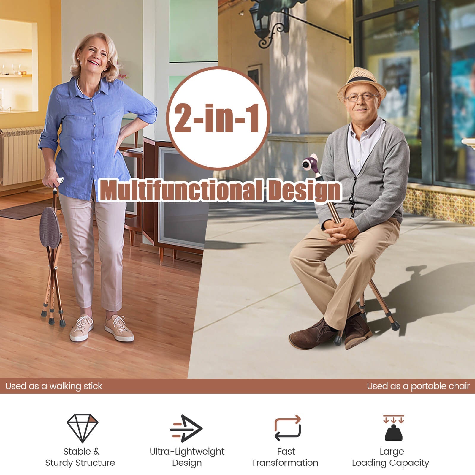 Lightweight Adjustable Folding Cane Seat with Light-Brown