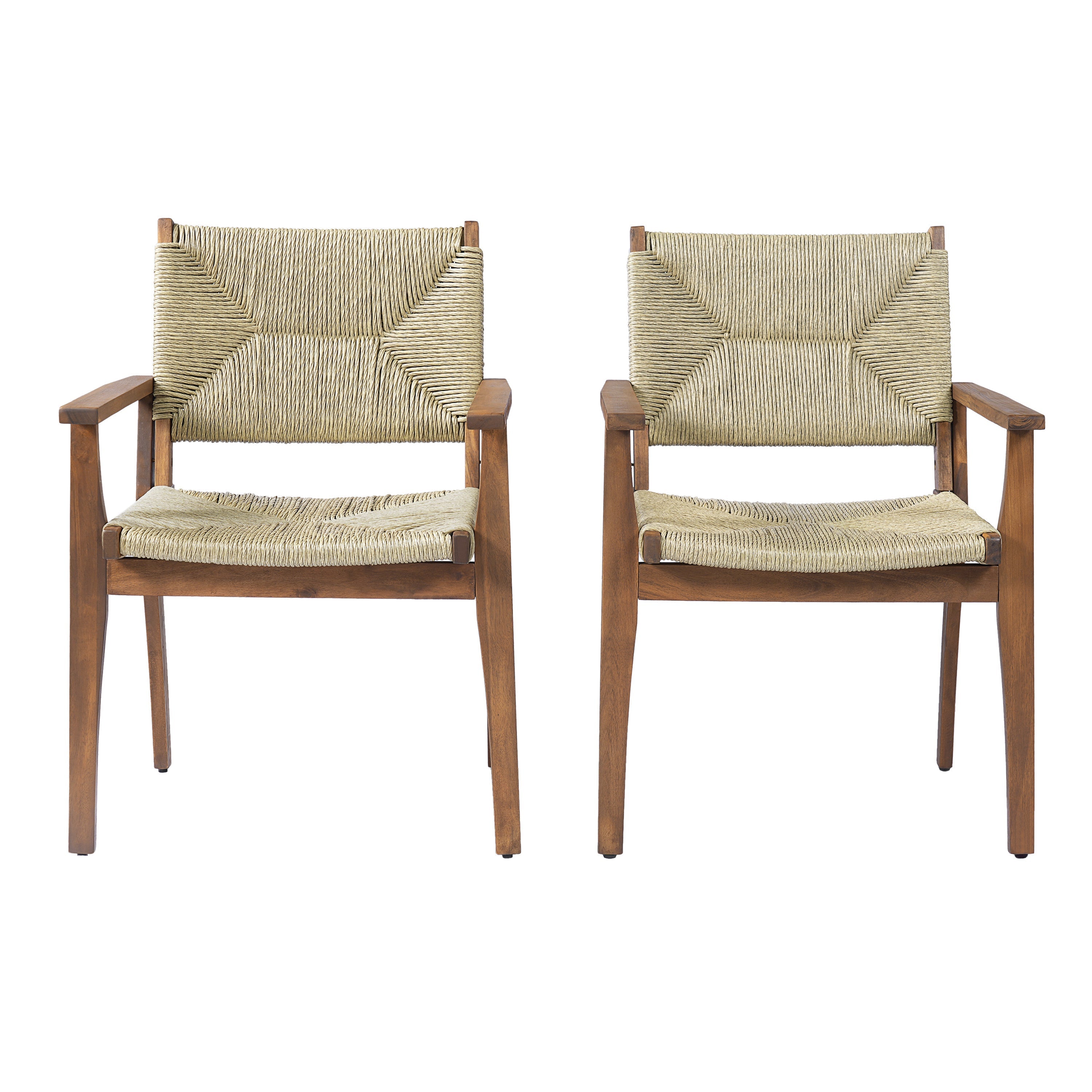 5-Piece Outdoor Dining Set: Teak Finish Round Acacia Wood Table & 4 Wicker Armchairs