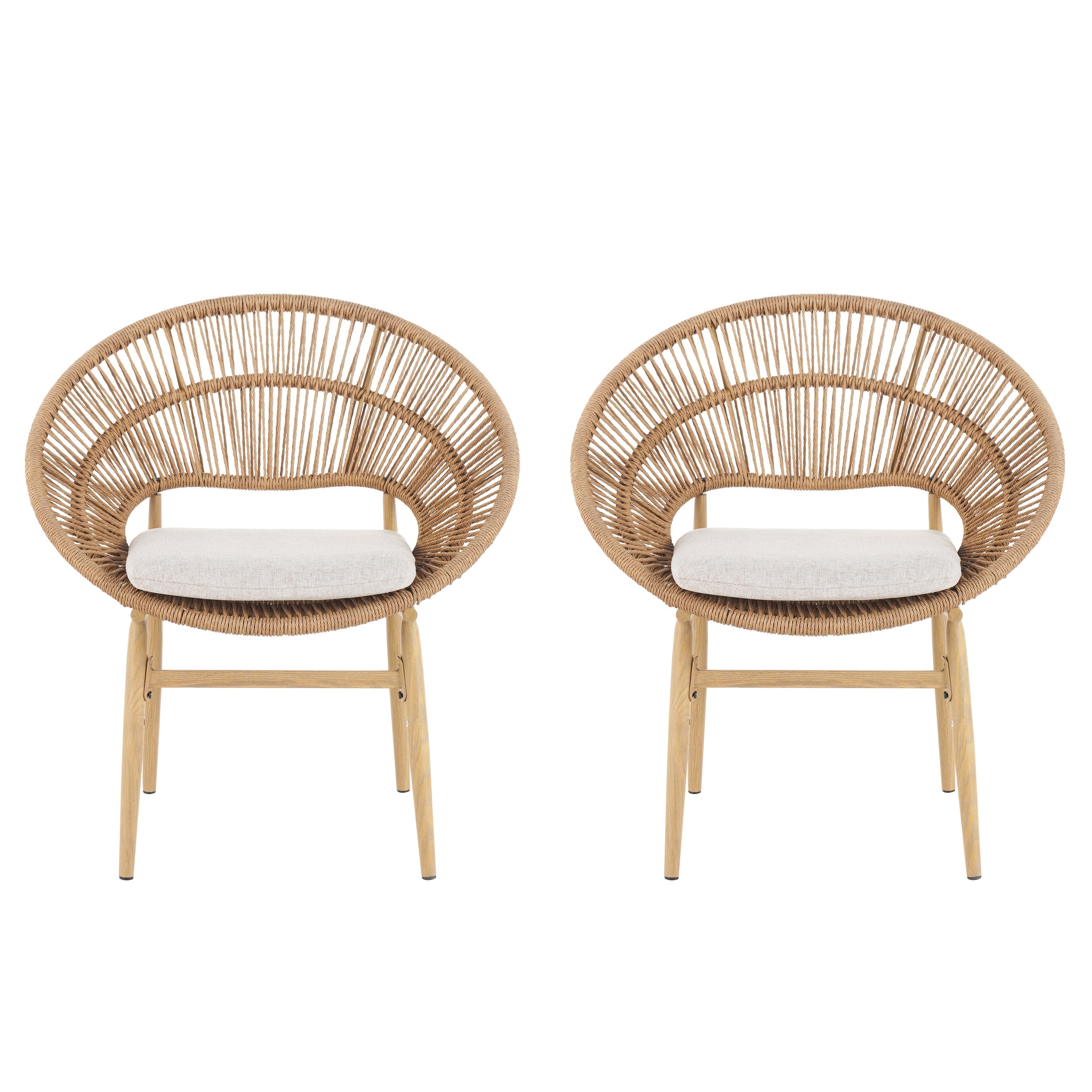 Cyril Outdoor Wicker Papasan Style Dining Chair with Teak Finished Legs - Set of 2