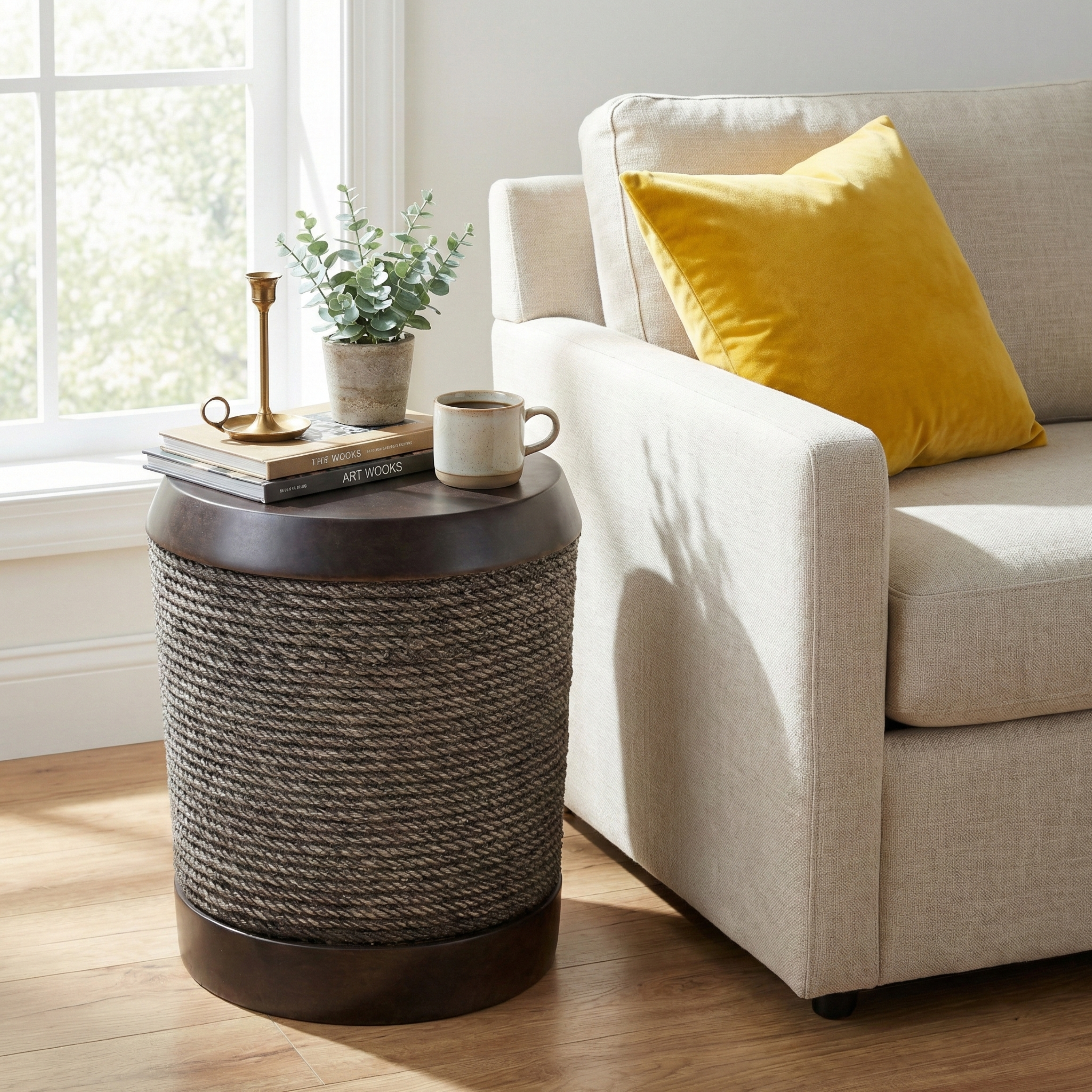 Outdoor Dark Brown Simulated Braided Cord MGO Side Table with Vintage Trim