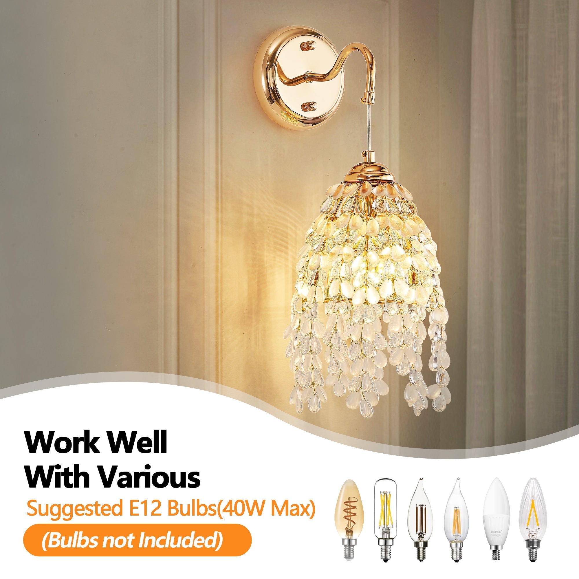 Set of 2 Gold Frame Crystal Grape-Shaped Bead Wall Sconces