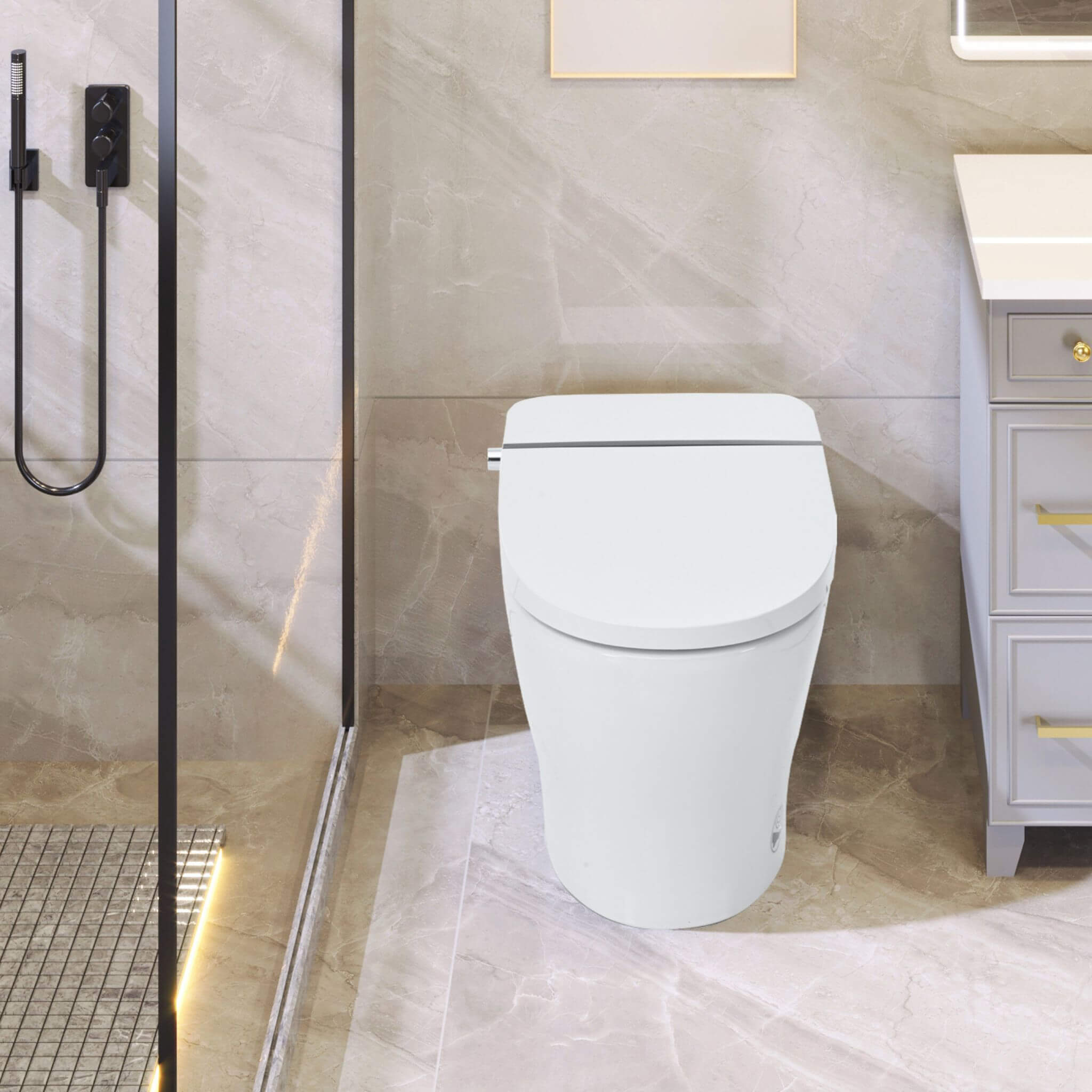 Nuvia 1/1.28 GPF Smart Compact Dual Flush Tankless Toilet Bidet Combo With Self-Cleaning Nozzle And Foot Sensor Flush (SAK58021)