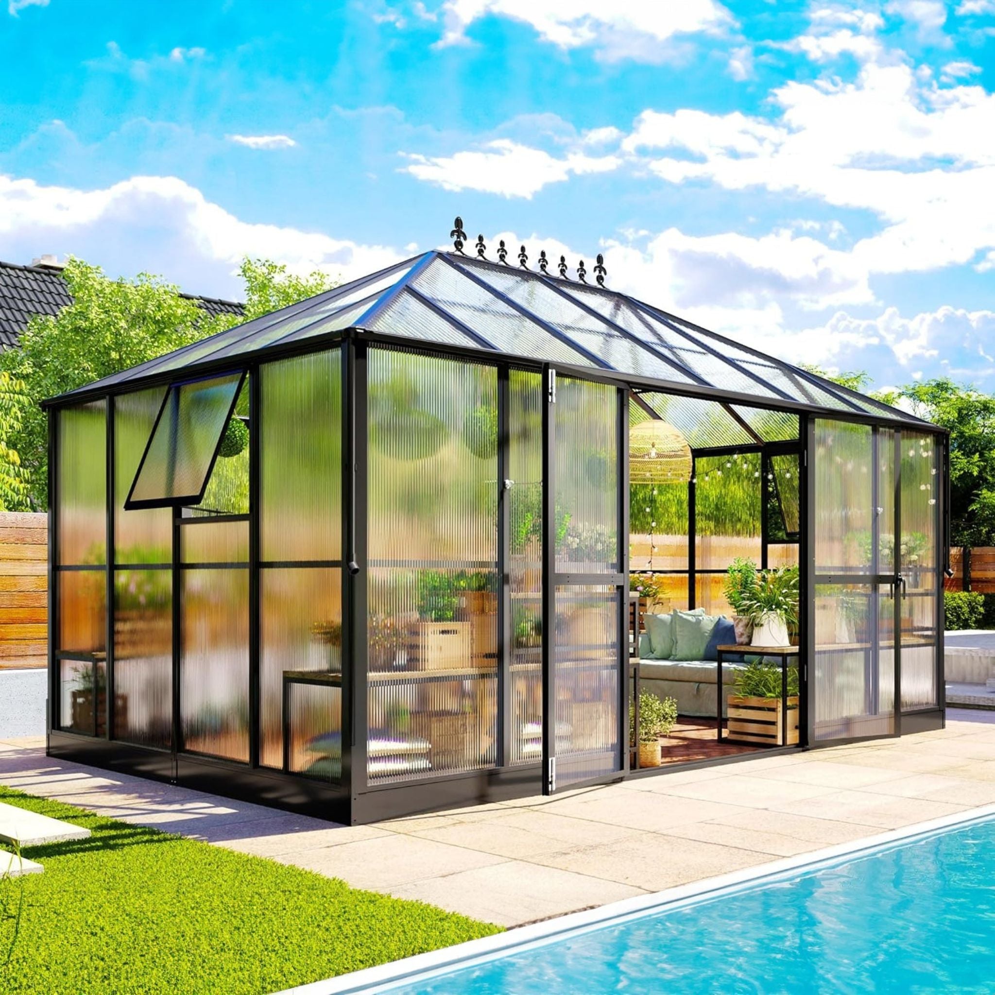 [10X14FT] Premium Outdoor Polycarbonate Greenhouse With Aluminum Frame And Double Swing Doors (SAK23168)
