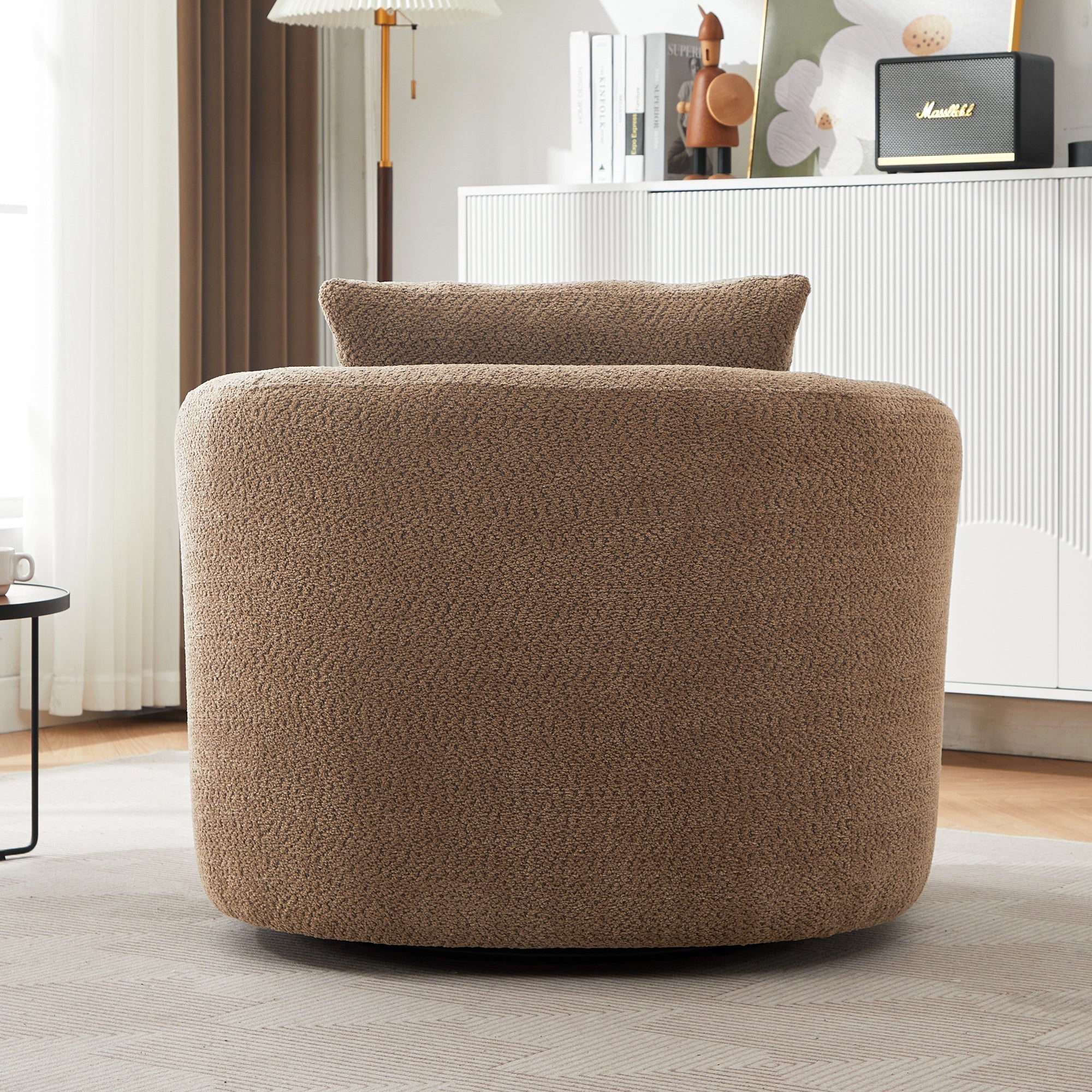 Chenille Upholstered 360° Swivel Chair with Throw Pillow, Dark Brown