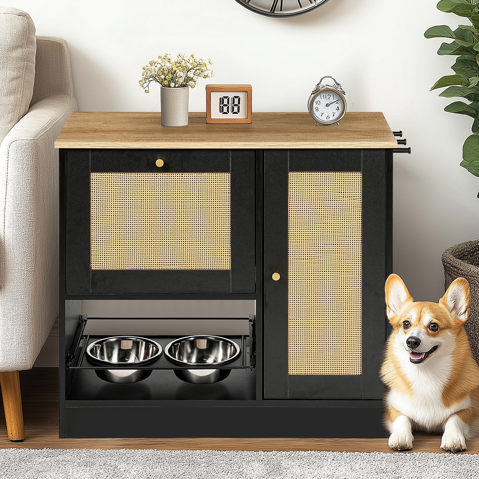 Feeding Station with 2 Lockers and Elevated Bowls Black