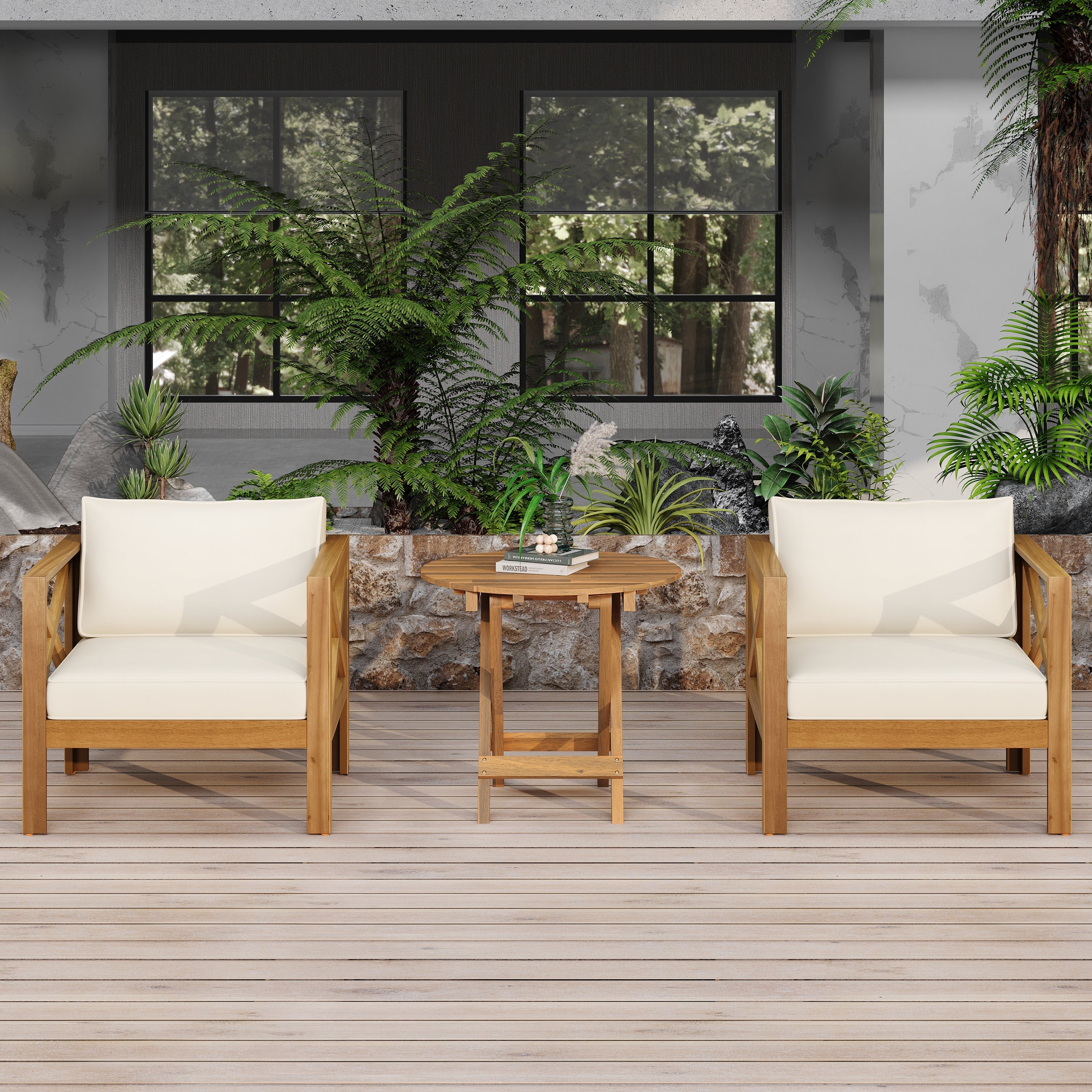 Patio Conversation Set with Foldable Acacia Wood Side Table and Cushions