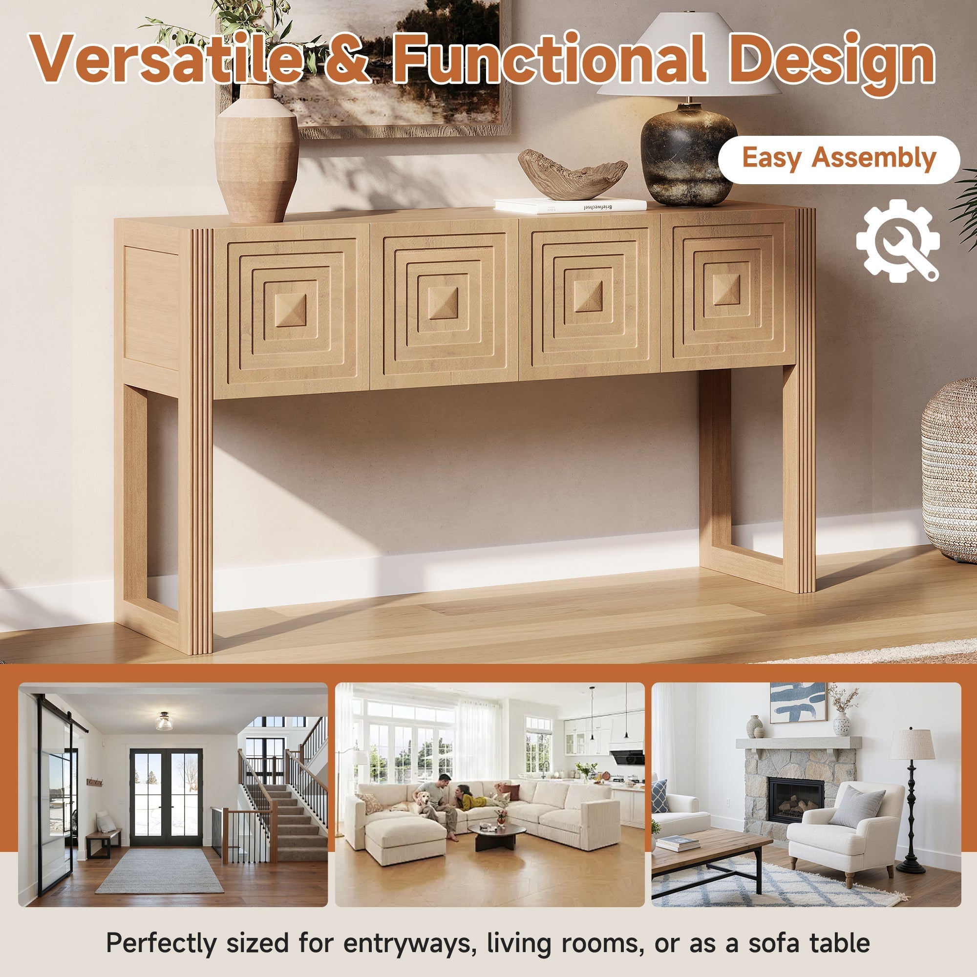 Geometric Carved Console Table with Soft-Close Drawers