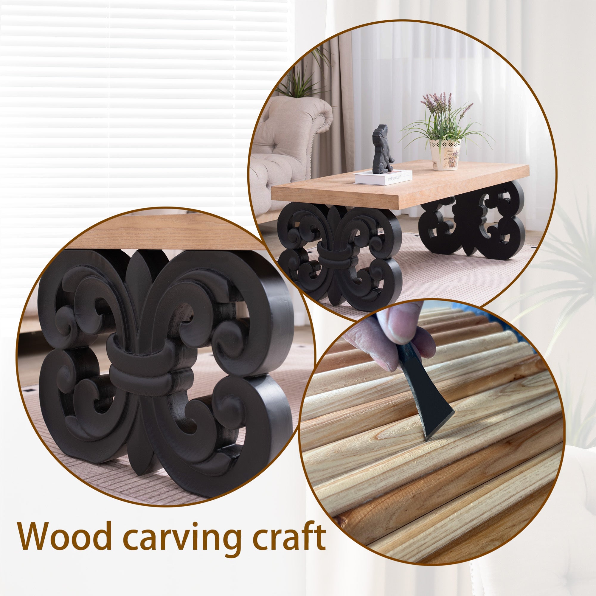 Black Scroll Base Coffee Table – 47" Rectangular Wood Living Room Table