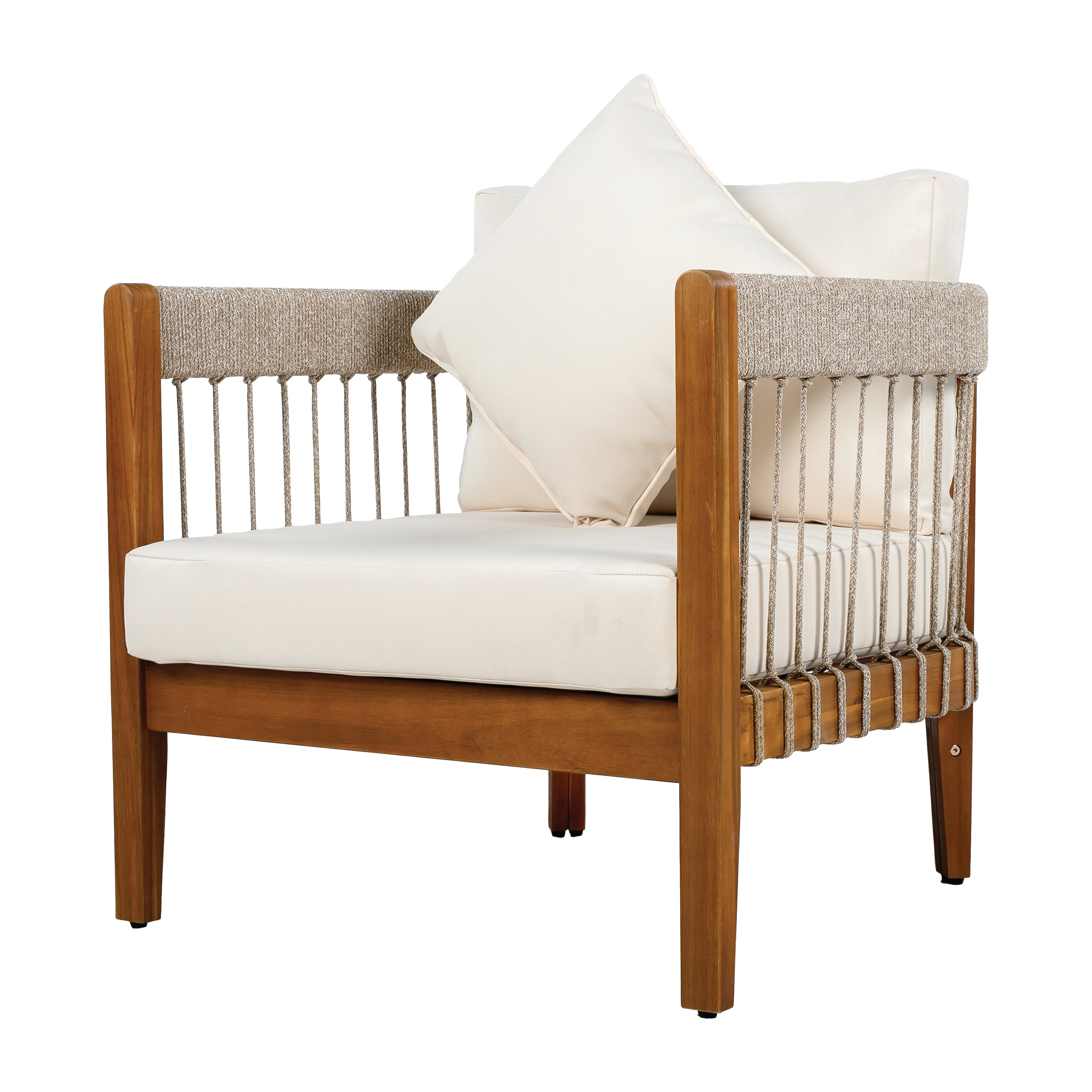 Acacia Wood Outdoor Club Chair with Handwoven Rope Accents & Curved Backrest
